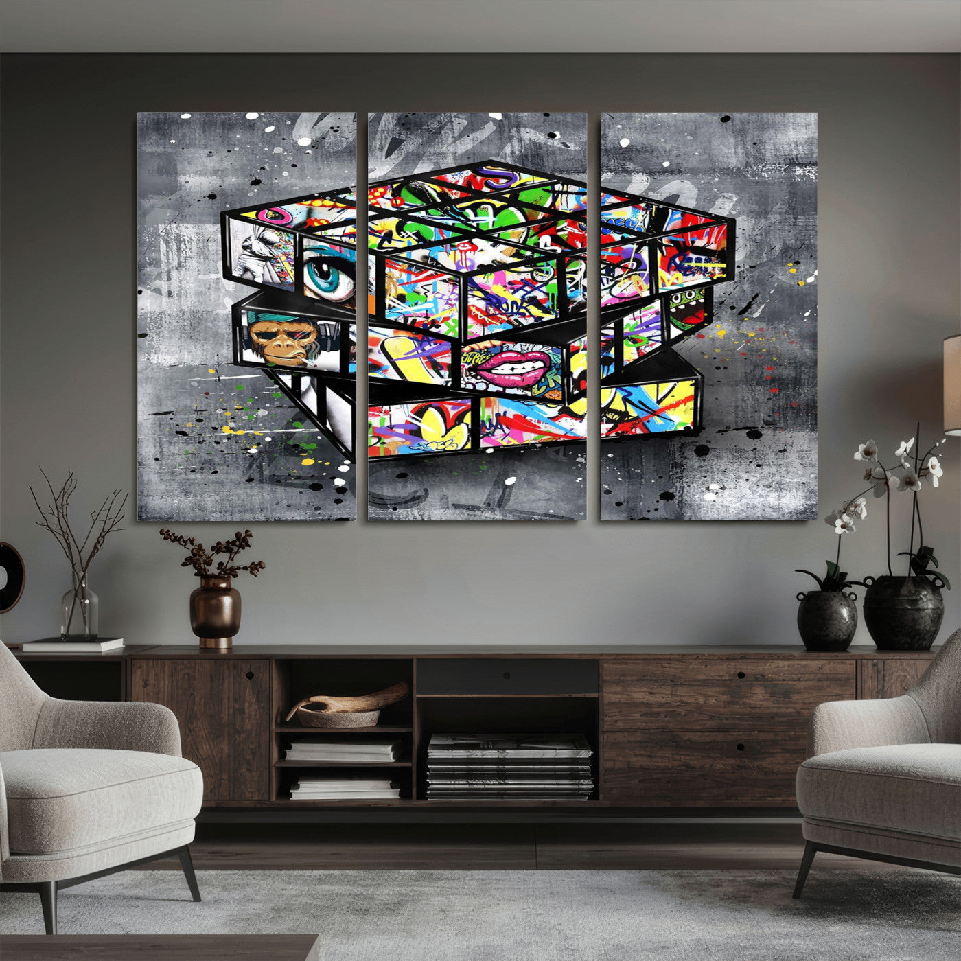 46789556-MGV-CV-36X24 - Graffiti Cube Abstract Street Art Wall Art Canvas Print, Colorful Urban Pop Art Geometric Canvas Print, Modern Street Art Contemporary Art Printing