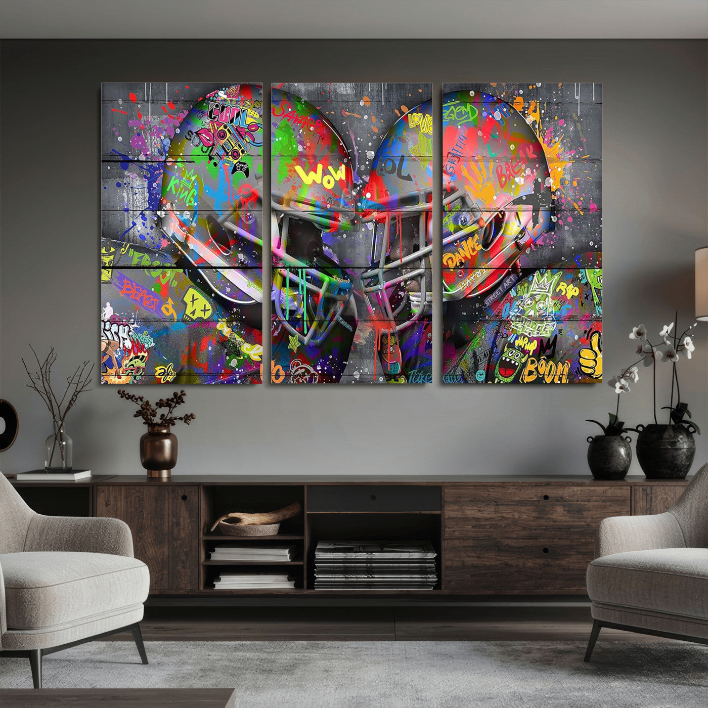 15309853-MGV-CV-36X24 - Graffiti Football Helmets Wall Art Canvas Print, Urban Street Art Sports Decor, Colorful American Football Graffiti Artwork