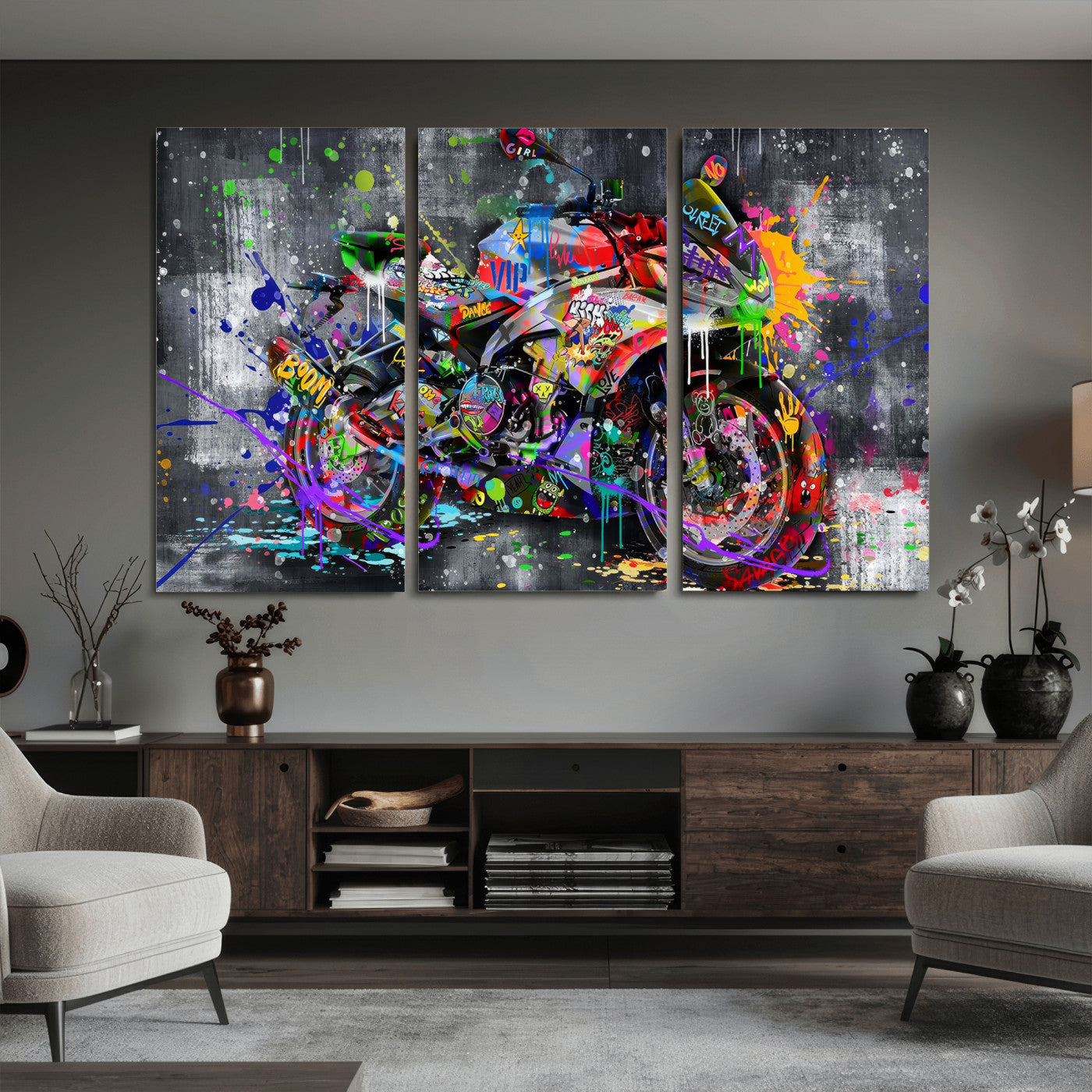 83021767-MGV-CV-36X24 - Graffiti Motorcycle Wall Art Canvas Print, Urban Street Art Motorbike Decor, Colorful Graffiti Sports Bike Artwork