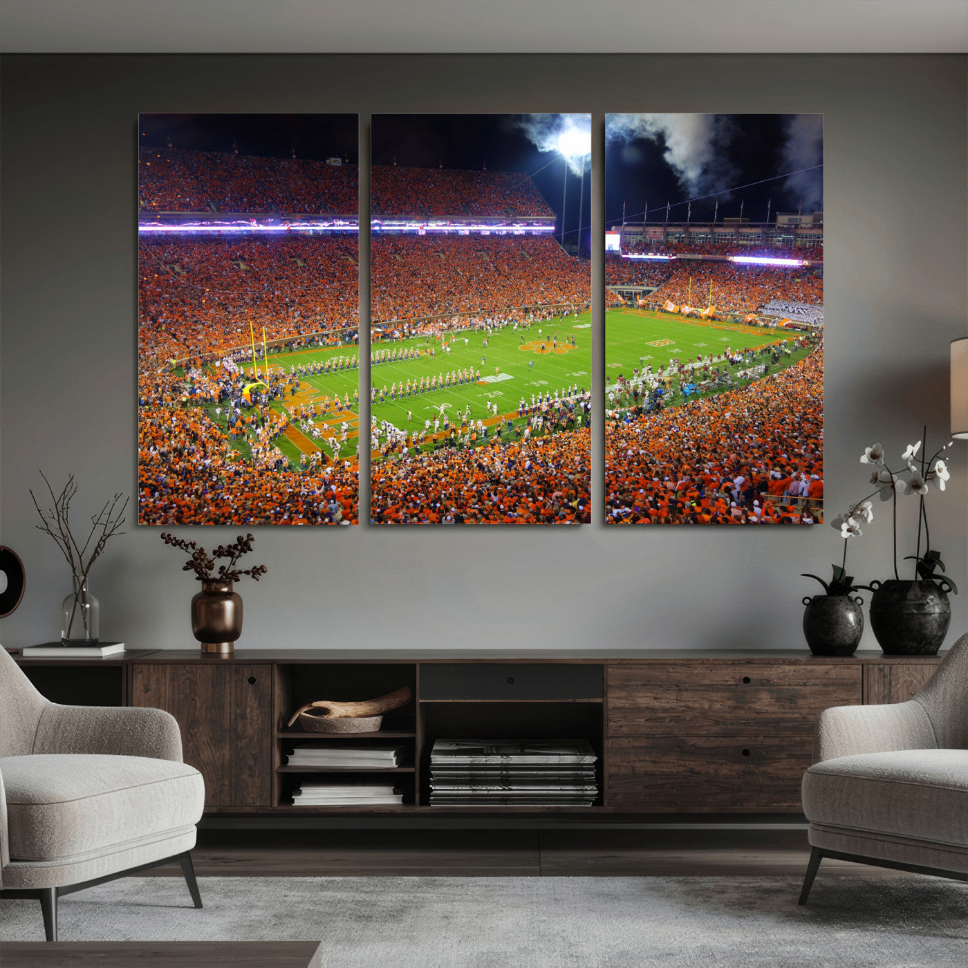 43662631-MGV-CV-36X24 - Clemson Football Stadium Wall Art Canvas Print, College Football Crowd Night Game Scene, Orange Stadium Panorama Wall Decor