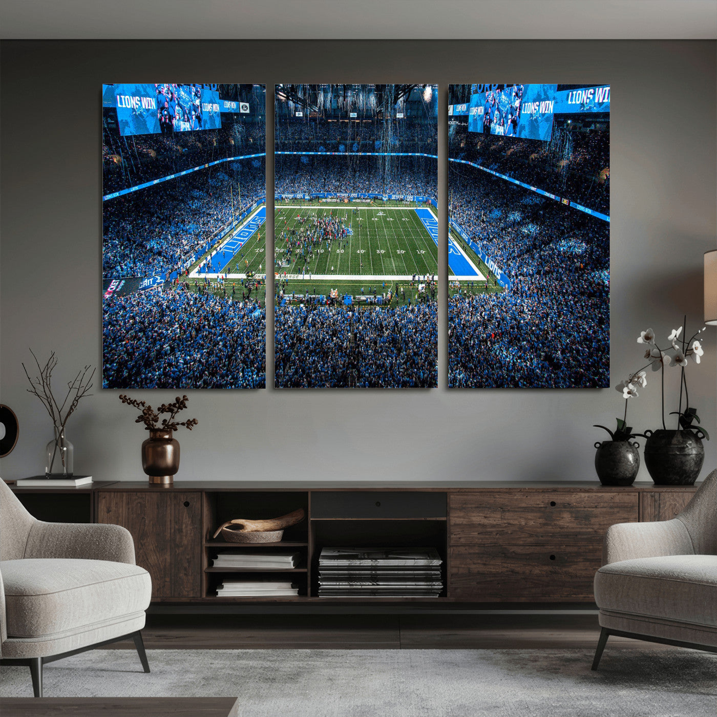 80882005-MGV-CV-36X24 - Detroit Lions Stadium Wall Art Canvas Print, Football Field Panorama Artwork, NFL Game Night Stadium Decor