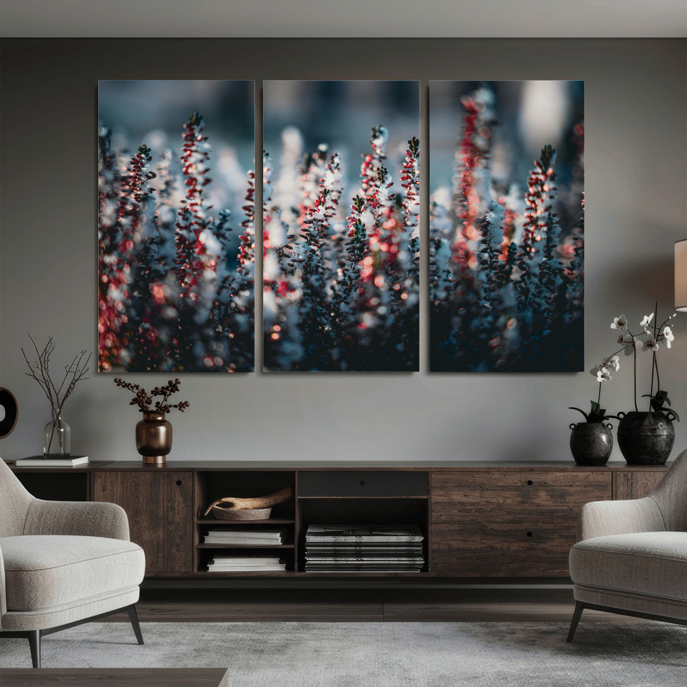 82063935-MGV-CV-36X24 - Winter Heather Wall Art Canvas Print, Frosted Floral Nature Art, Moody Botanical Wall Decor