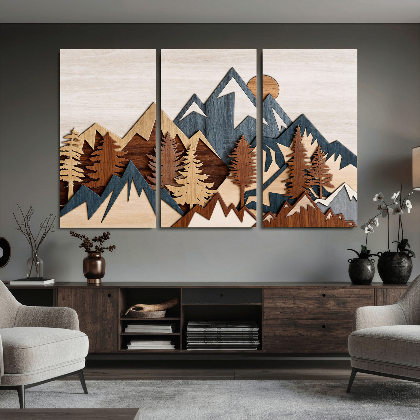 39888898-MGV-CV-36X24 - Layered Wooden Mountain Wall Art Canvas Print, Modern Rustic Forest and Pine Landscape Wall Decor