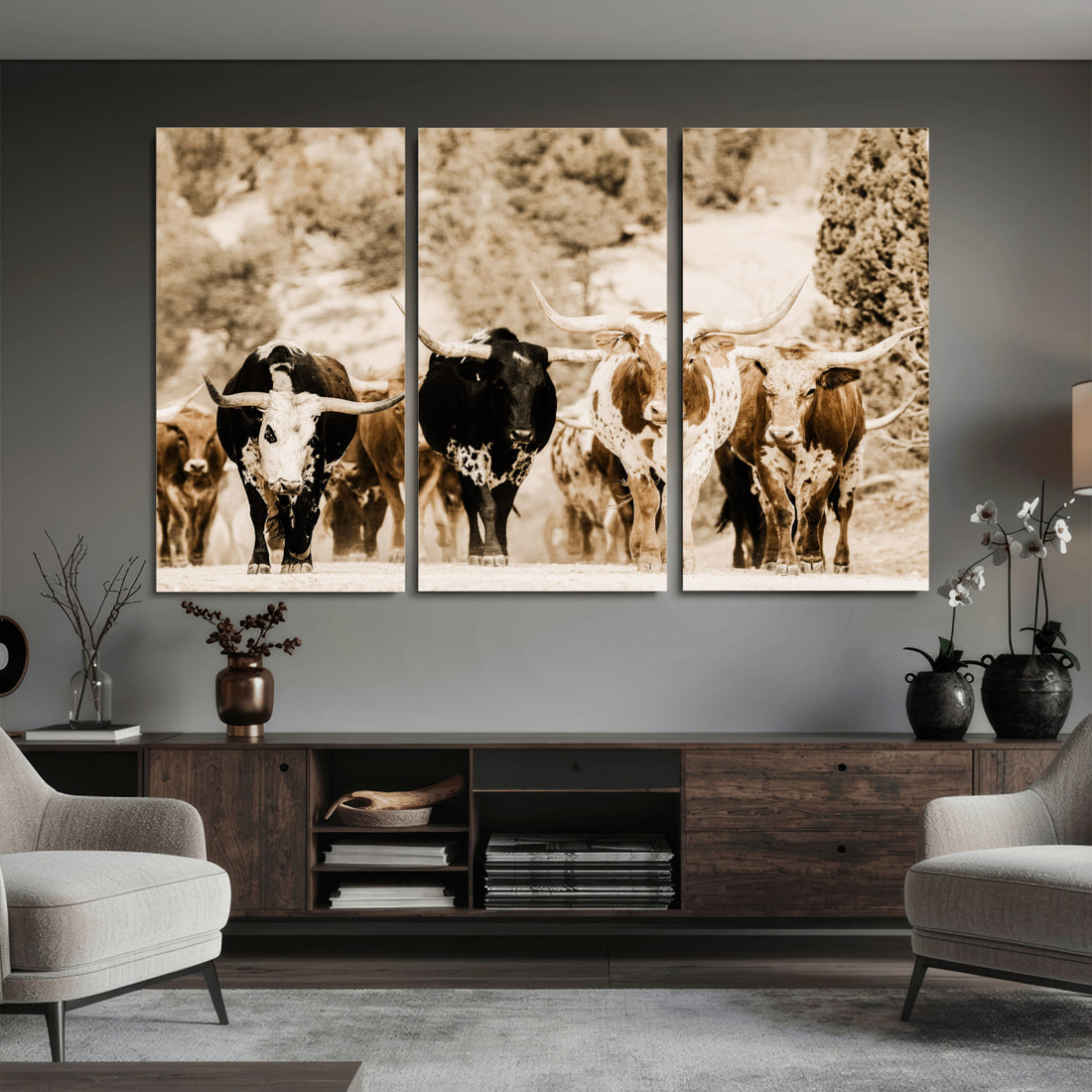 Western Longhorn Herd Wall Art Canvas Print, Sepia Ranch Scene