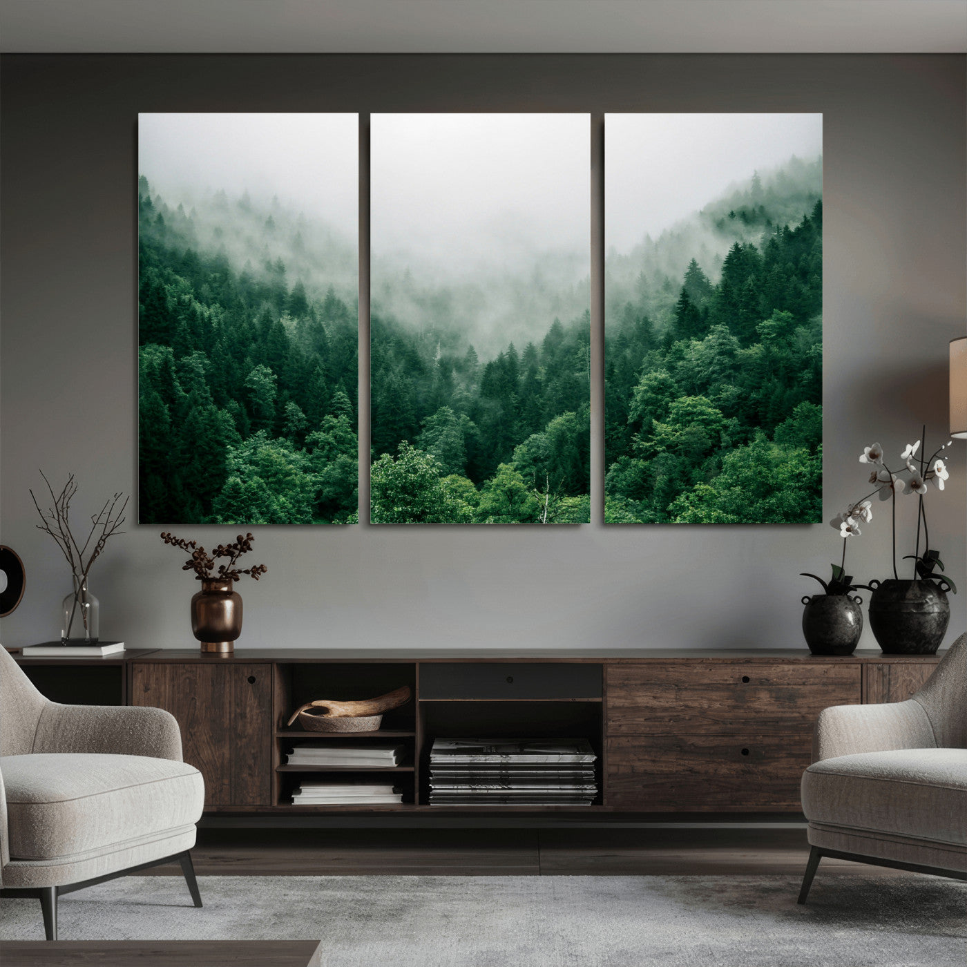 61640815-MGV-CV-36X24 - Misty Pine Forest Wall Art Canvas Print, Foggy Evergreen Landscape Wall Decor, Moody Green Nature Artwork, Minimal Forest Canvas Wall Art, Framed Canvas Wall Art Ready to Hang