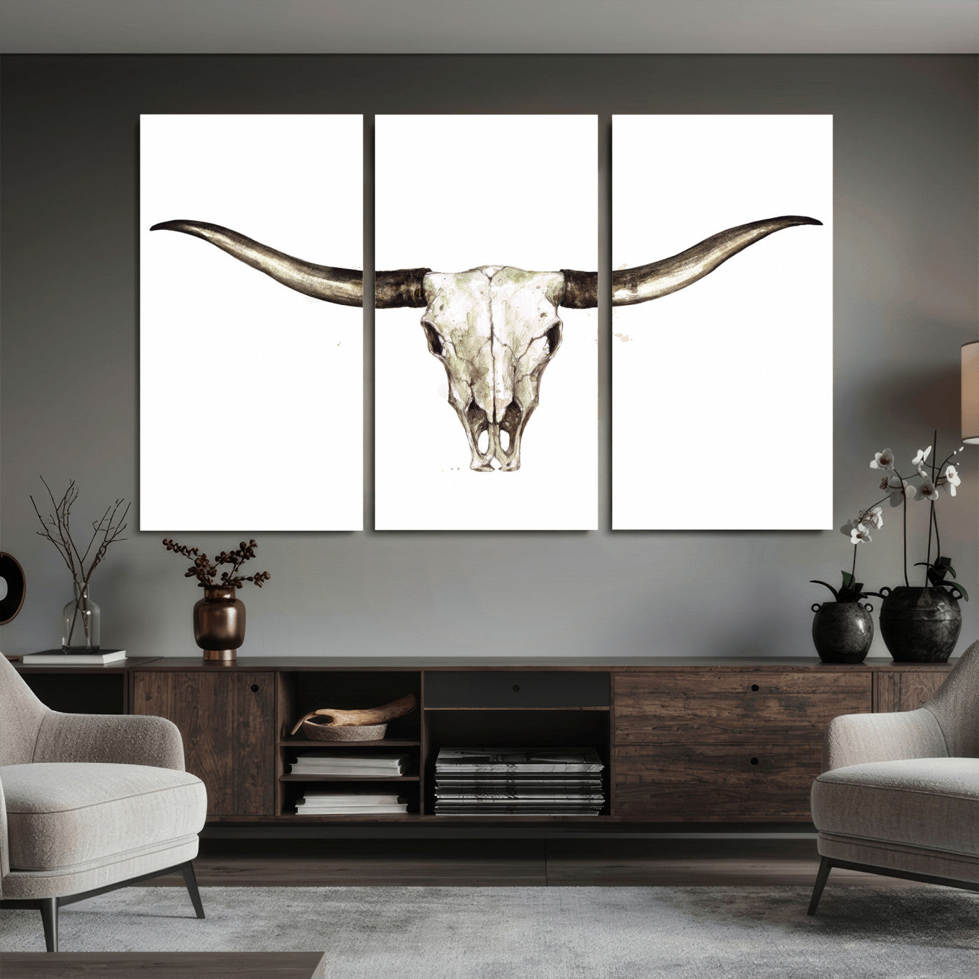 42788678A-MGV-CV-36X24 - Longhorn Skull Wall Art Canvas Print – Rustic Western Artwork Print for Living Room Wall Decor