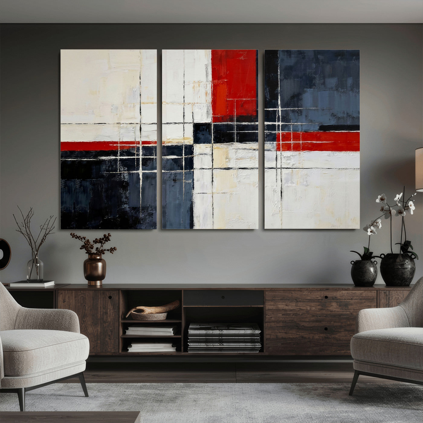 44088165-MGV-CV-36X24 - Navy Red Abstract Wall Art Canvas Print, Modern Luxury Geometric Painting Wall Decor for Living Room and Office