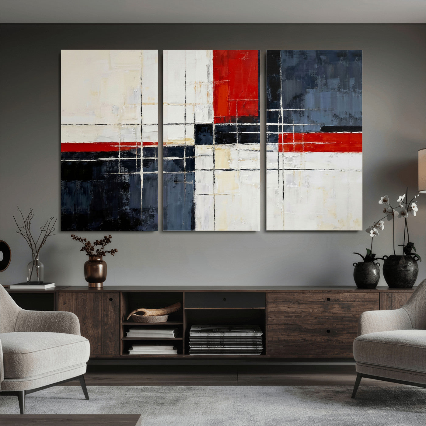 11921181-MGV-CV-36X24 - Navy Red Abstract Wall Art Canvas Print, Modern Luxury Geometric Painting Wall Decor for Living Room and Office