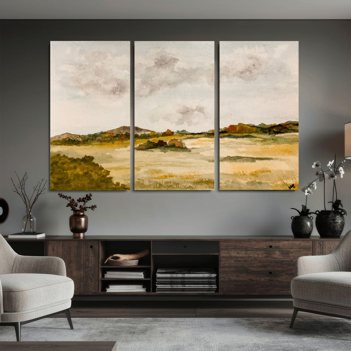 94151004-MGV-CV-36X24 - Watercolor Abstract Countryside Wall Art Canvas Print, Neutral Pastoral Landscape Painting Wall Decor for Modern Farmhouse Interiors