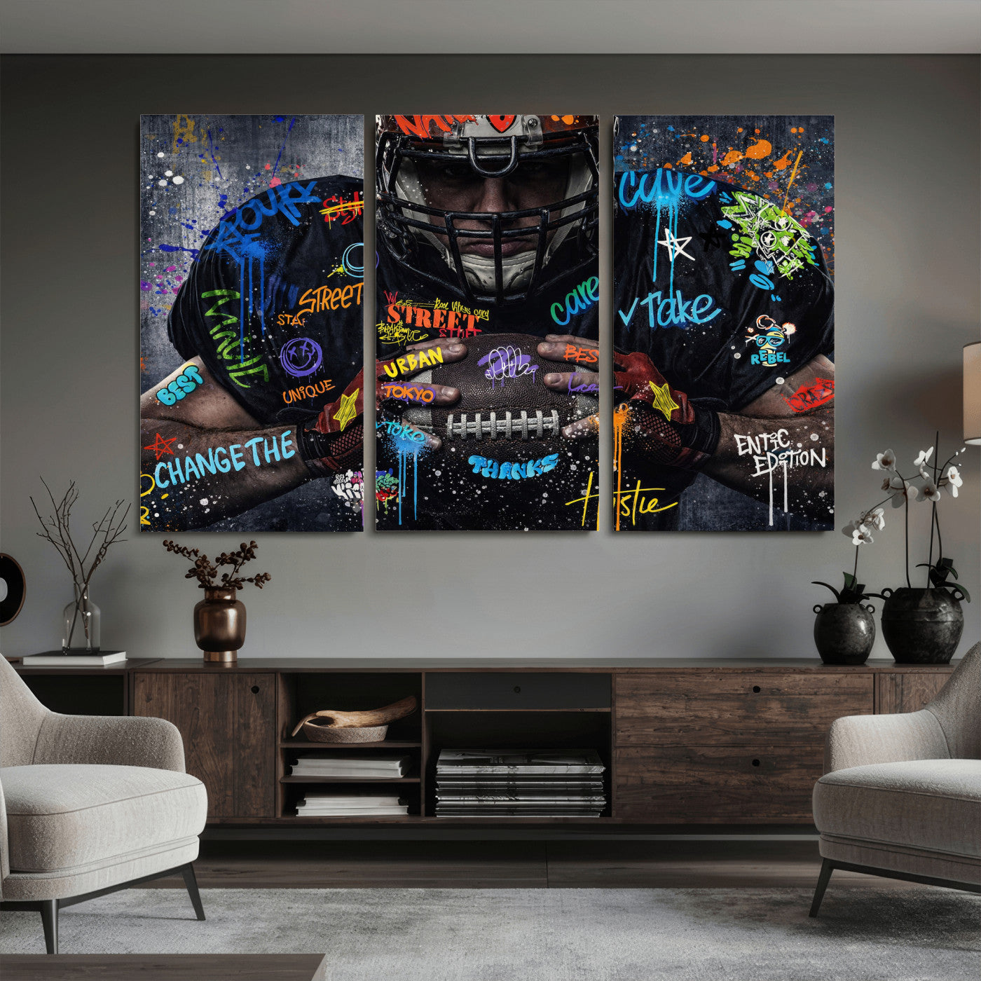 55267256-MGV-CV-36X24 - Graffiti American Football Player Street Art Wall Art Canvas Print, Urban Sports Pop Art Football Canvas Print, Modern Athletic Graffiti Contemporary Art Printing