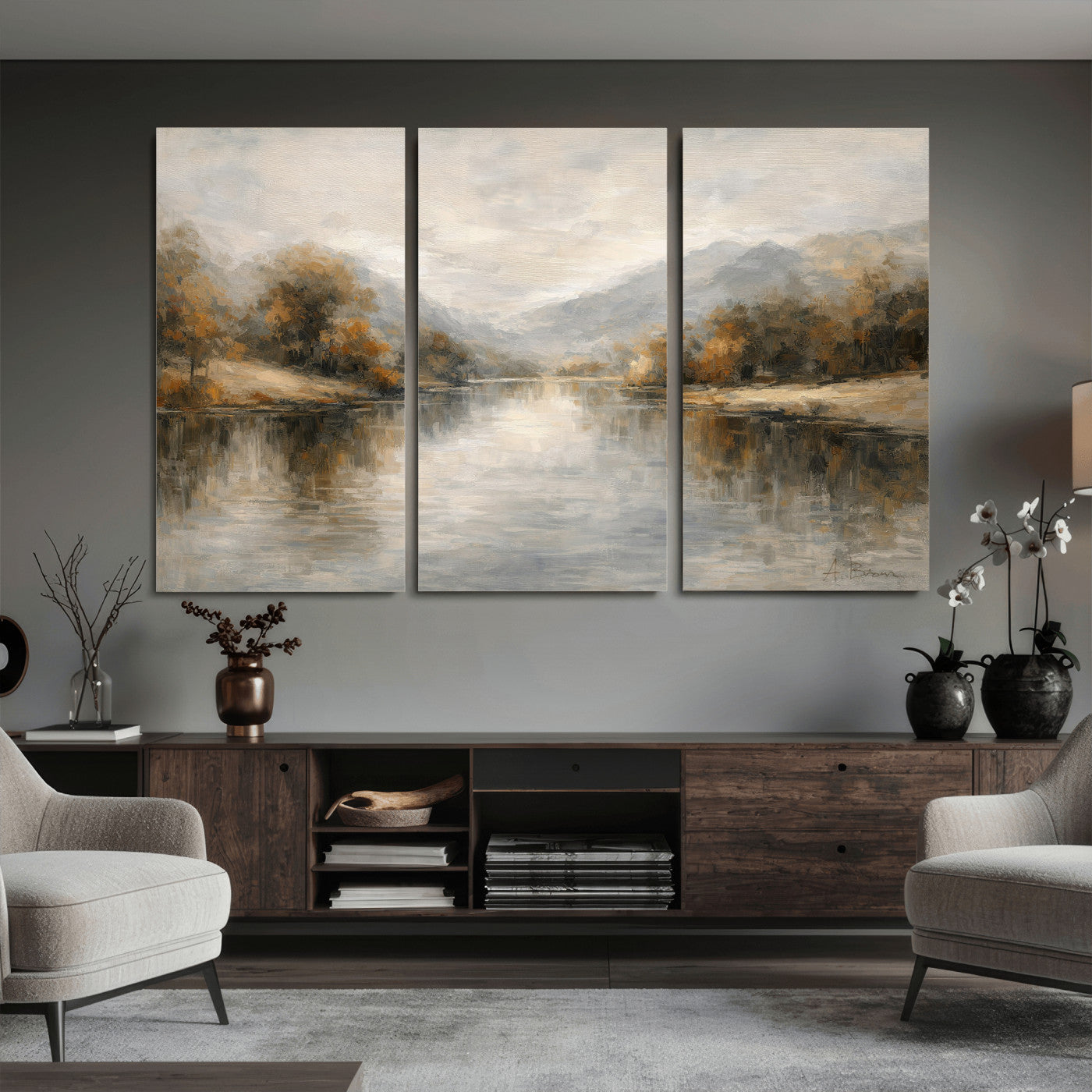 29251761-MGV-CV-36X24 - Neutral Abstract River Landscape Wall Art Canvas Print, Modern Minimal Nature Reflection Canvas Print, Beige Gray Contemporary Mountain Art Printing