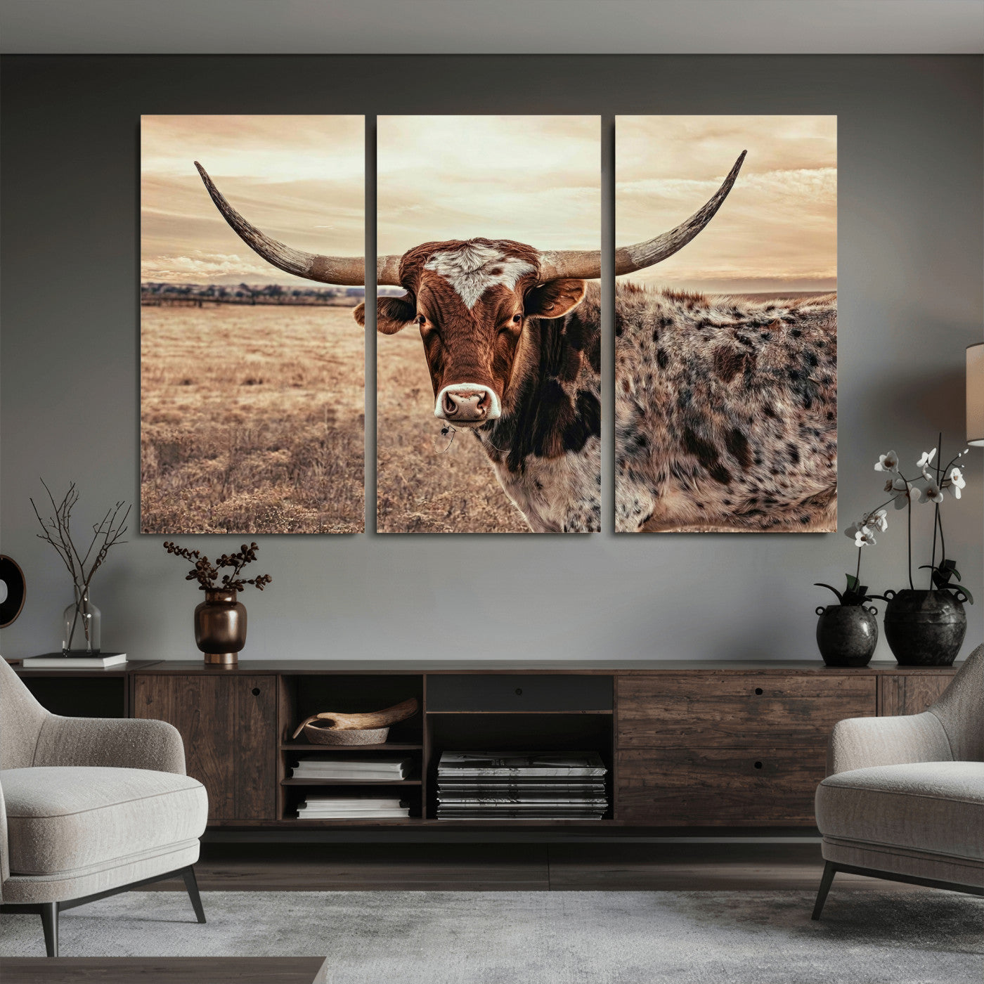55805825-MGV-CV-36X24 - Texas Longhorn Wall Art Canvas Print – Western Cattle Ranch Artwork for Rustic Farmhouse Decor