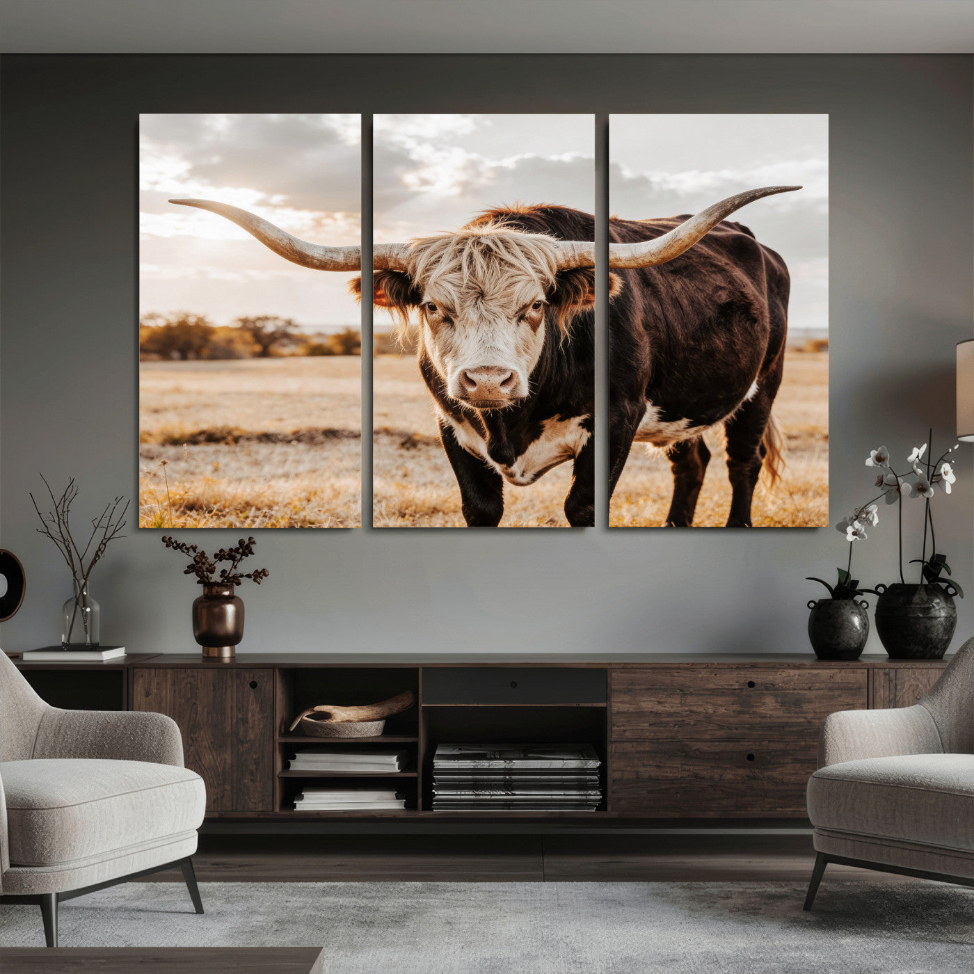 88230279-MGV-CV-36X24 - Texas Longhorn Bull Rustic Wall Art Canvas Print, Western Cattle Photography Canvas Print, Ranch Farm Animal Western Art Printing