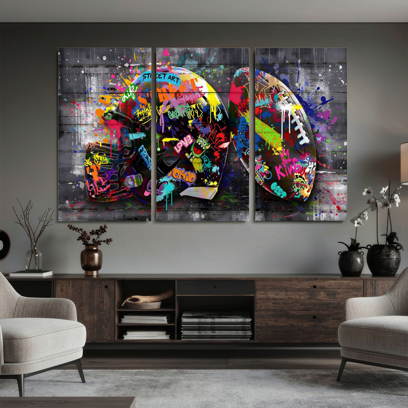 80540773-MGV-CV-36X24 - Graffiti American Football Helmet Street Art Wall Art Canvas Print, Urban Sports Pop Art Football Canvas Print, Colorful Graffiti Sports Contemporary Art Printing