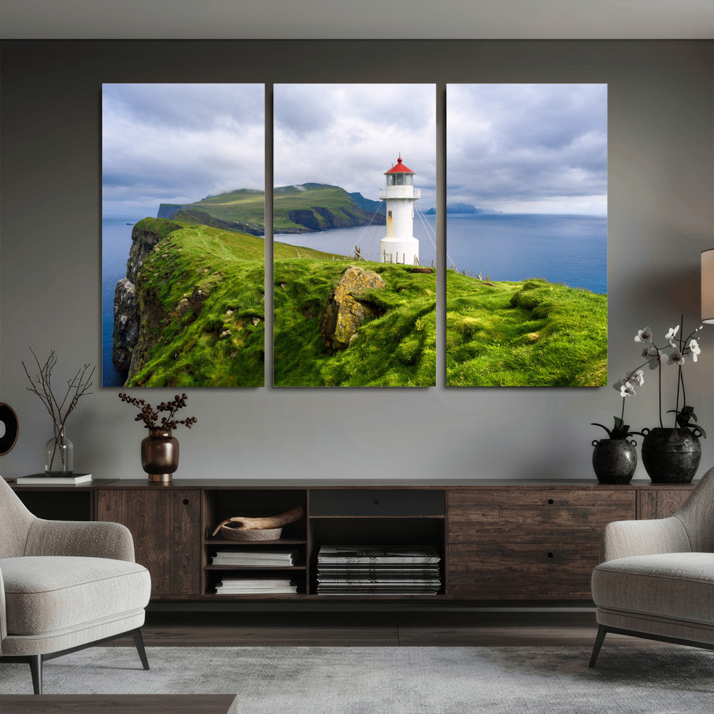 10680390-MGV-CV-36X24 - Coastal Lighthouse Wall Art Canvas Print, Cliffside Ocean Landscape Canvas Print, Scandinavian Coastal Decor for Living Room