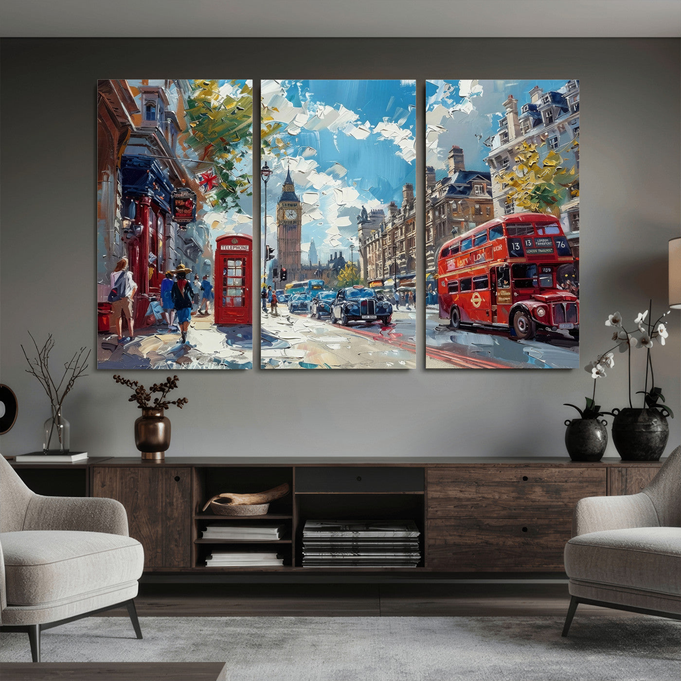 17630888-MGV-CV-36X24 - Modern London City Street Wall Art Canvas Print, Big Ben & Red Bus Artwork Canvas Print