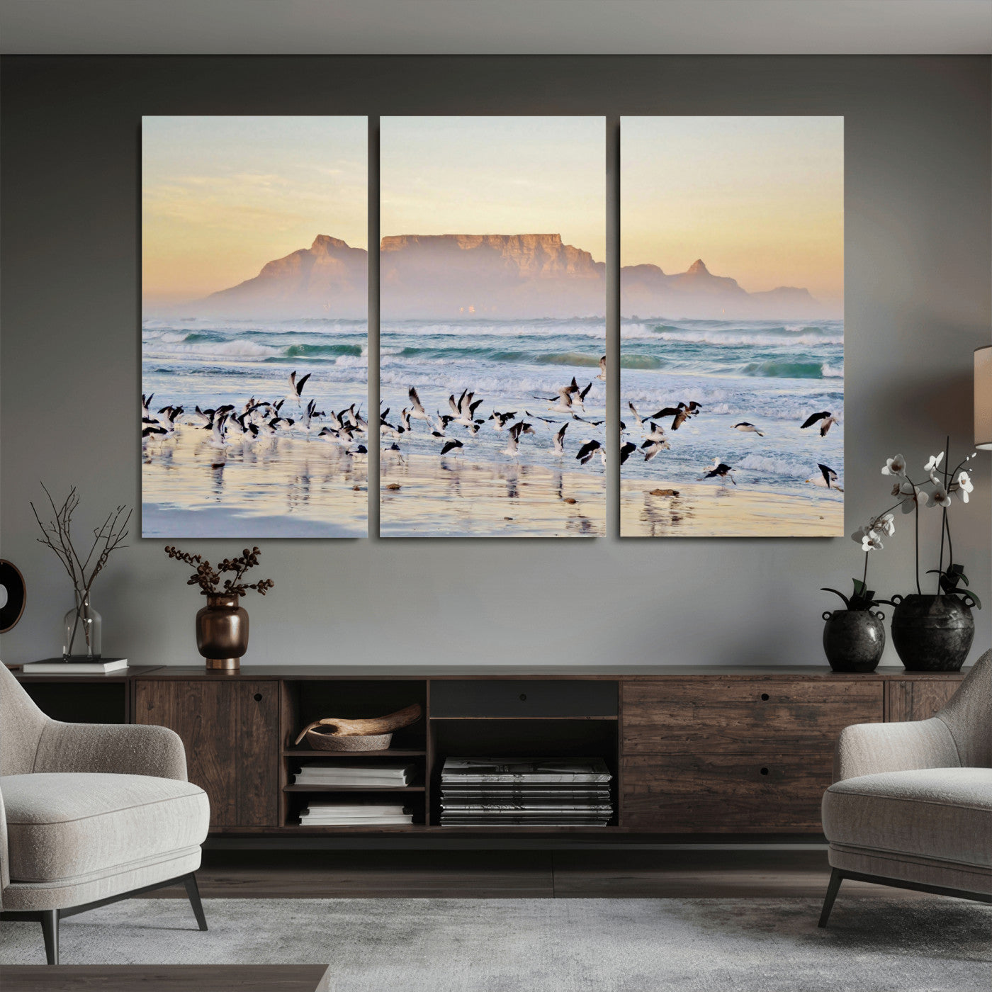 78989362-MGV-CV-36X24 - Seagulls Over Ocean Wall Art Canvas Print – Coastal Beach Landscape Artwork for Living Room Decor