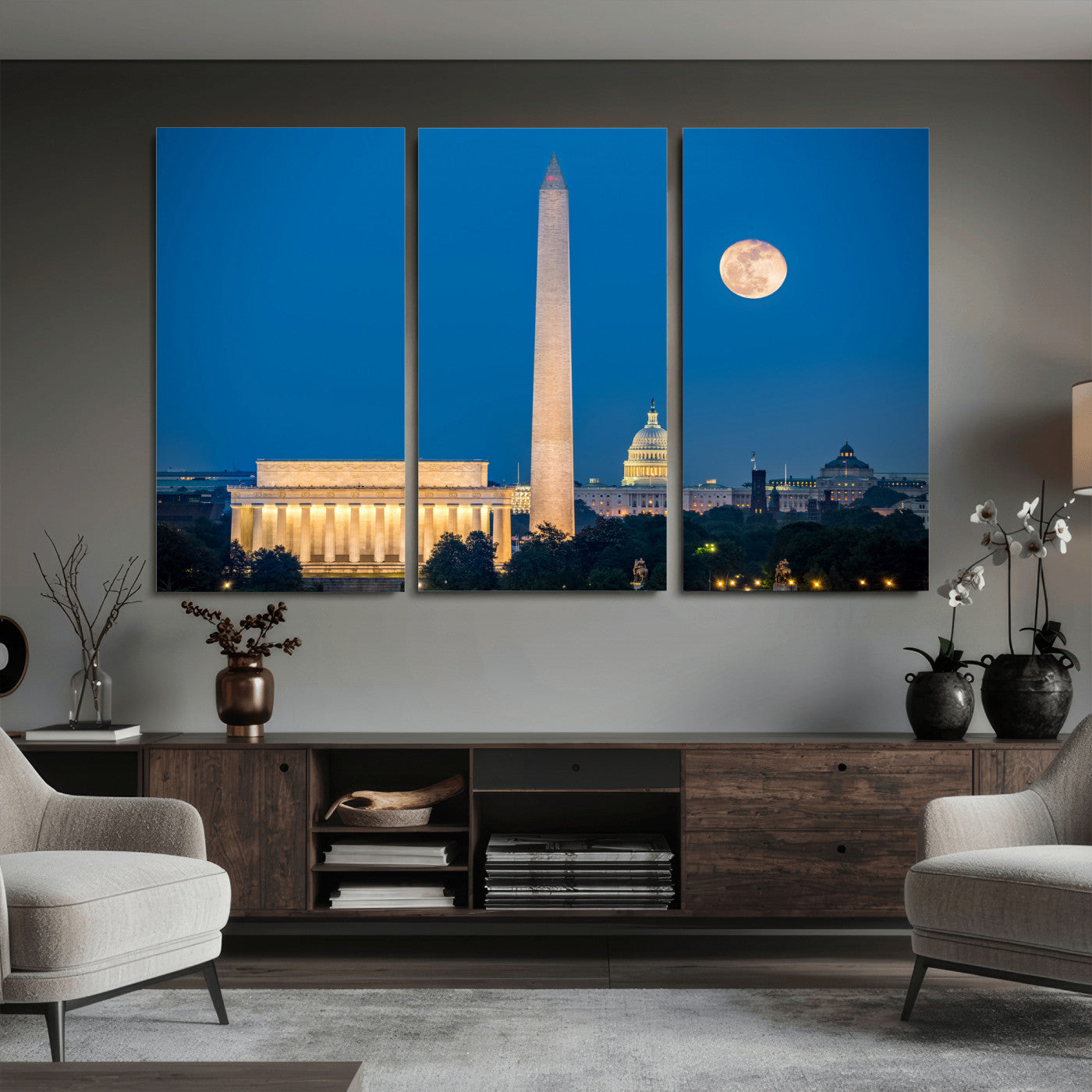 96712946-MGV-CV-36X24 - Washington DC Skyline Wall Art Canvas Print – Lincoln Memorial, Washington Monument and US Capitol Night Cityscape Artwork
