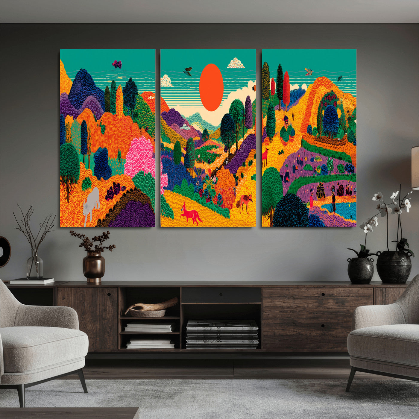 45710397-MGV-CV-48X32-3P - Colorful Japanese Landscape Print: Maximalist Panoramic Wall Art