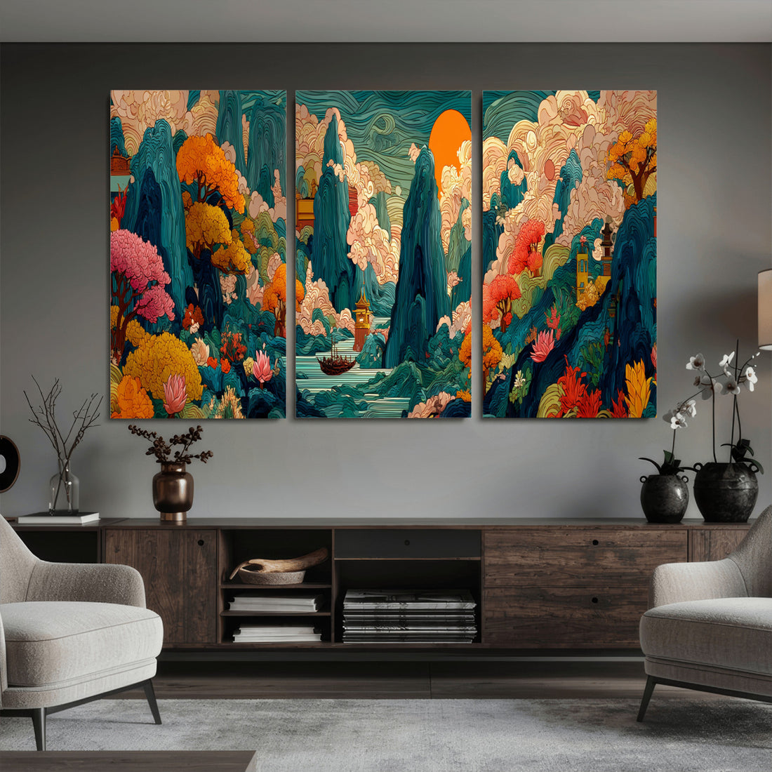 Colorful Japanese Landscape Print: Maximalist Panoramic Wall Art