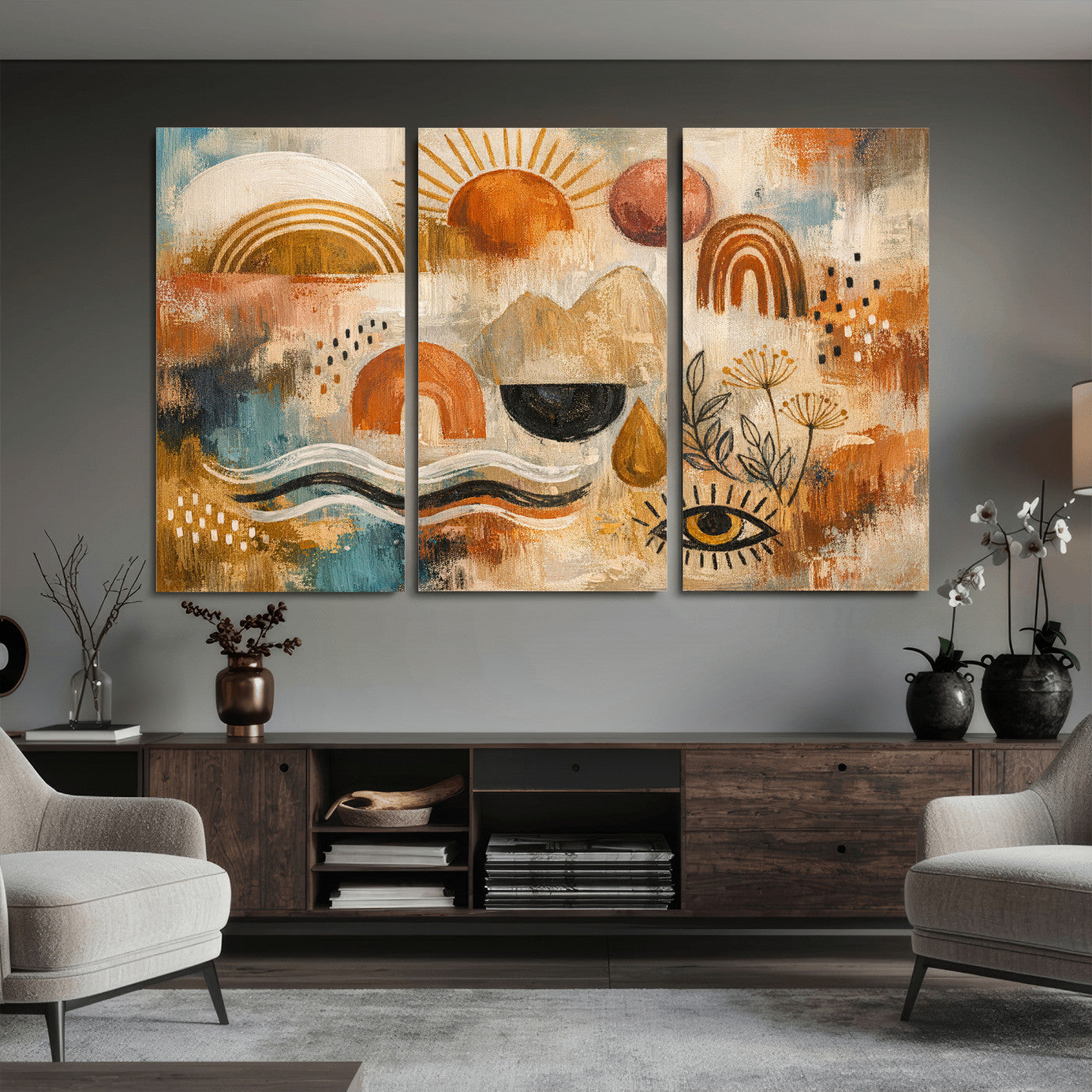 52155239-MGV-CV-36X24 - Geometric Boho Abstract Wall Art Canvas Print, Orange Blue Abstract Expressionist Painting Print, Modern Geometric Abstract Canvas Art