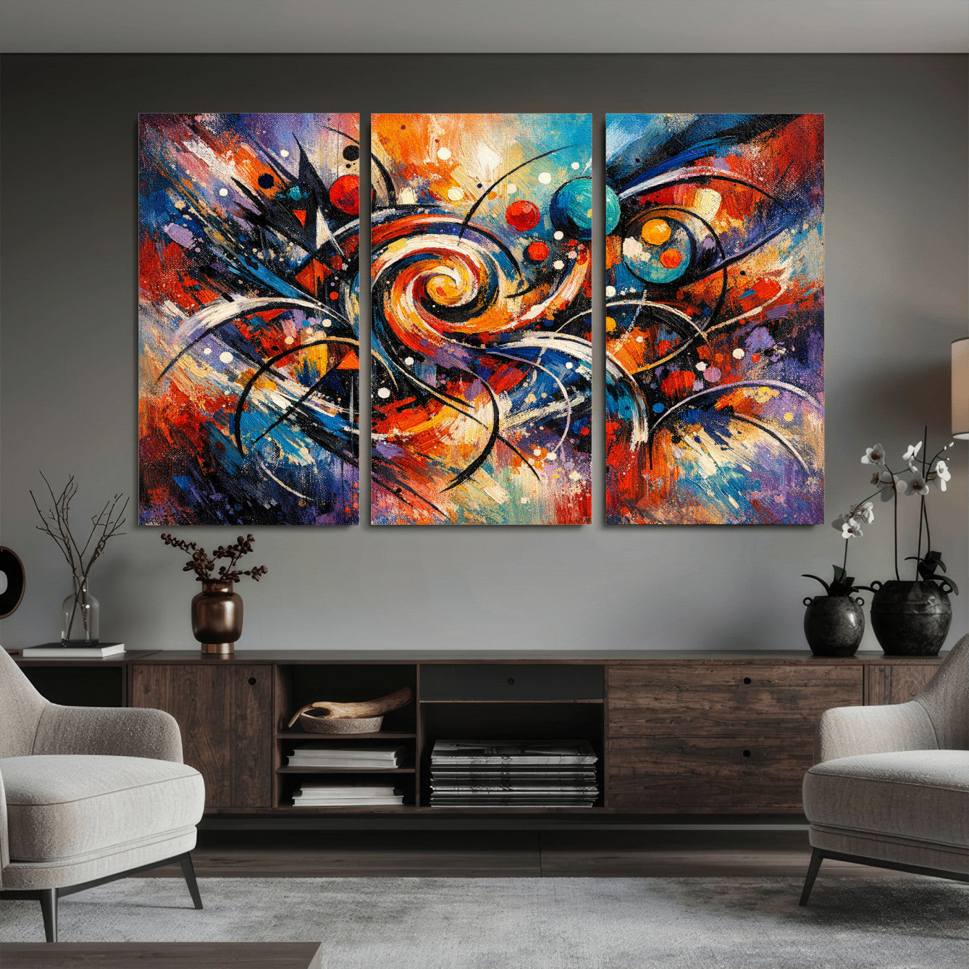 60193267-MGV-CV-36X24 - Geometric Abstract Wall Art Canvas Print, Orange Blue Abstract Expressionist Painting Print, Modern Geometric Abstract Canvas Art