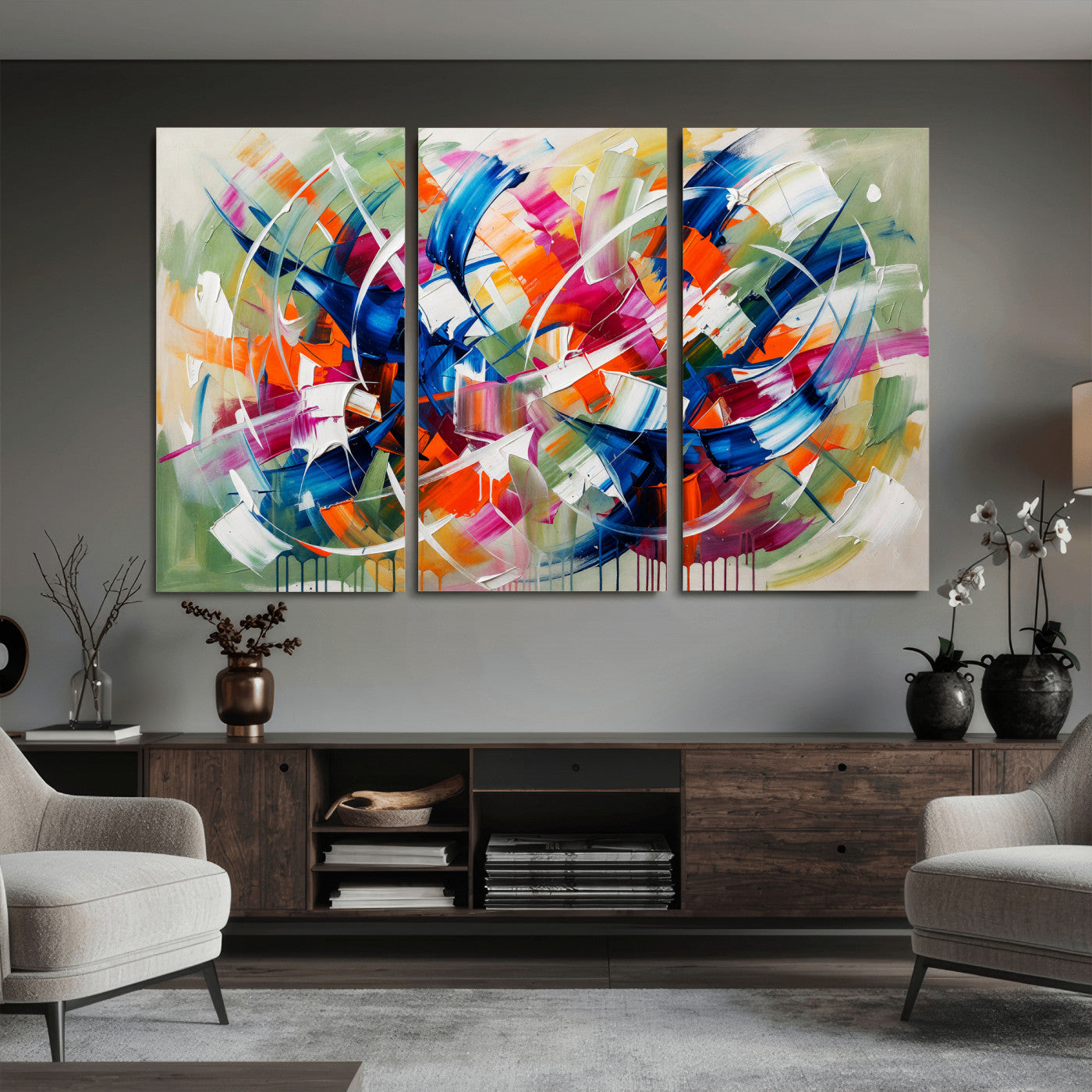 15032888-MGV-CV-36X24 - Geometric Abstract Wall Art Canvas Print, Orange Blue Abstract Expressionist Painting Print, Modern Geometric Abstract Canvas Art