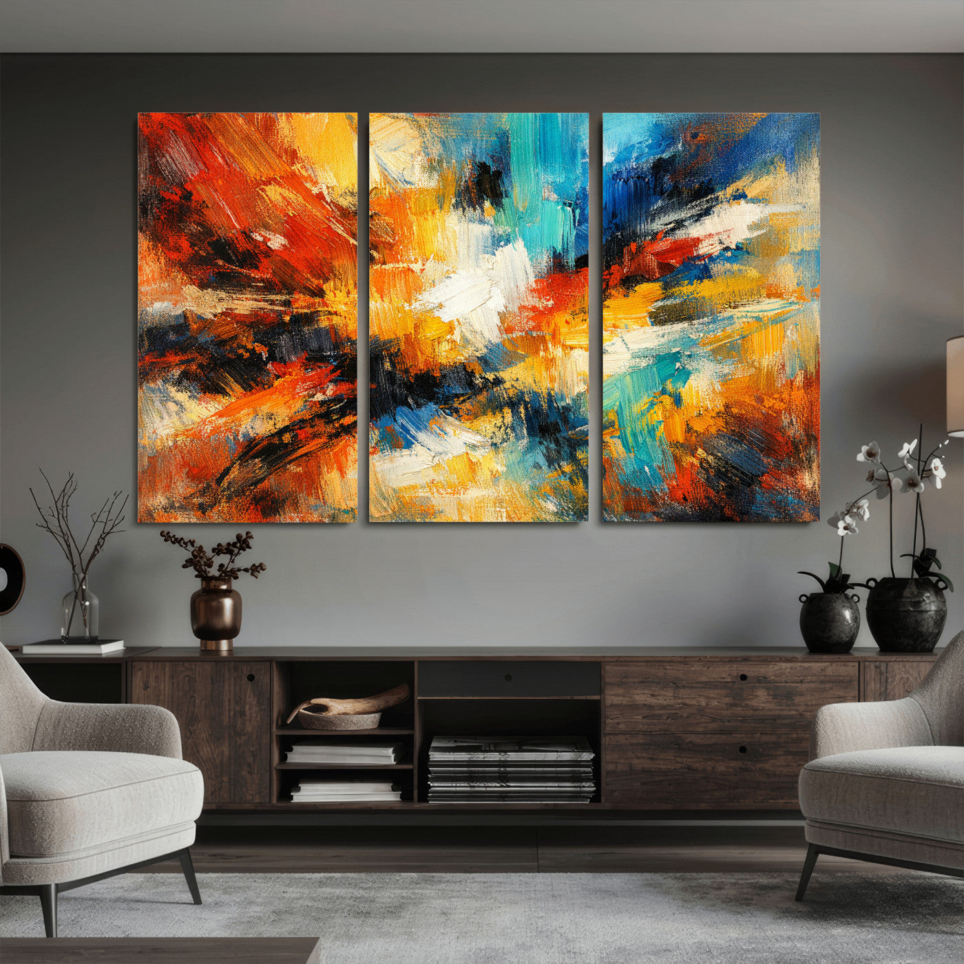 93167583-MGV-CV-36X24 - Geometric Abstract Wall Art Canvas Print, Orange Blue Abstract Expressionist Painting Print, Modern Geometric Abstract Canvas Art