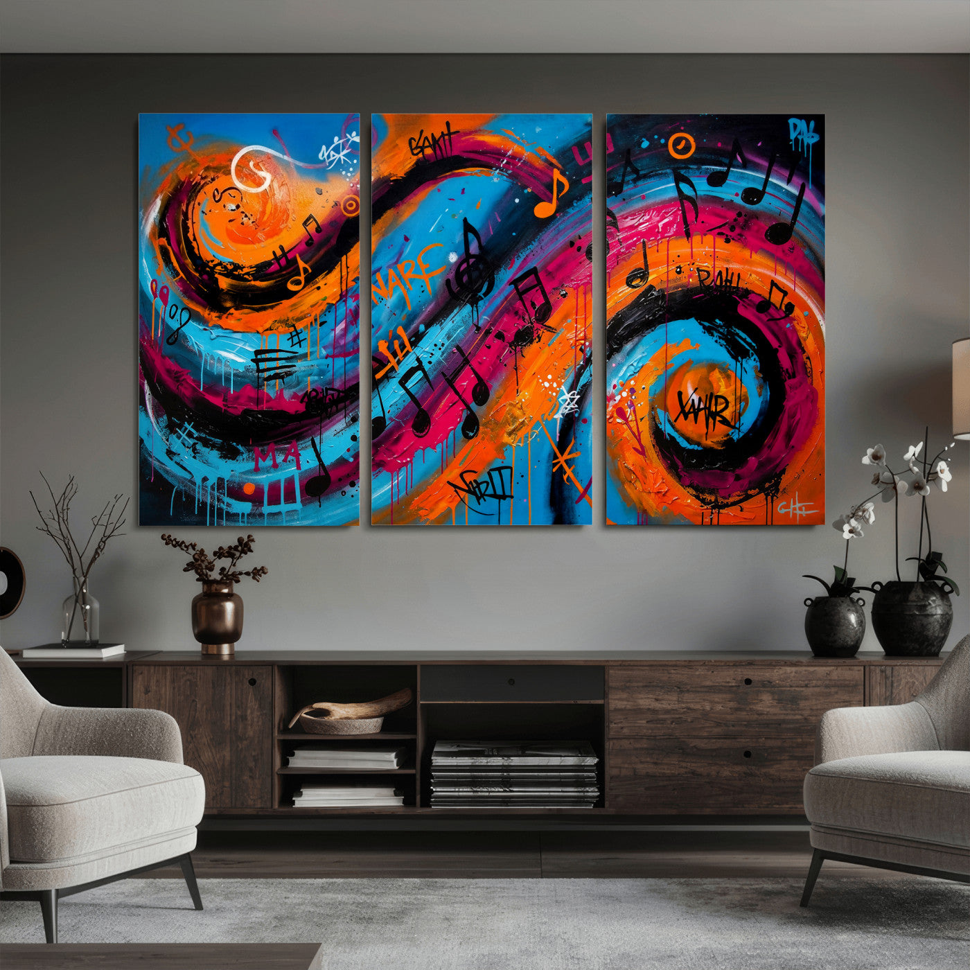 34936518-MGV-CV-36X24 - Geometric Abstract Wall Art Canvas Print, Orange Blue Abstract Expressionist Painting Print, Modern Geometric Abstract Canvas Art