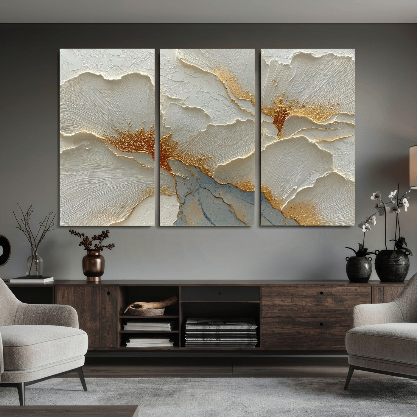 4712069F1-MGV-CV-36X24 - White Gold Floral Canvas Wall Art — Textured Flower Print | Luxury Botanical Decor | Elegant Bedroom Art | Gold Leaf Wall Art Gift