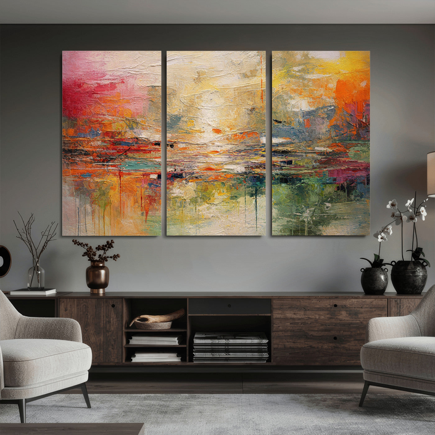 4712069P1-MGV-CV-36X24 - Colorful Abstract Canvas Wall Art — Large Textured Oil Painting Style Print | Orange Red Boho Wall Decor | Modern Living Room Art | Bold Wall Art