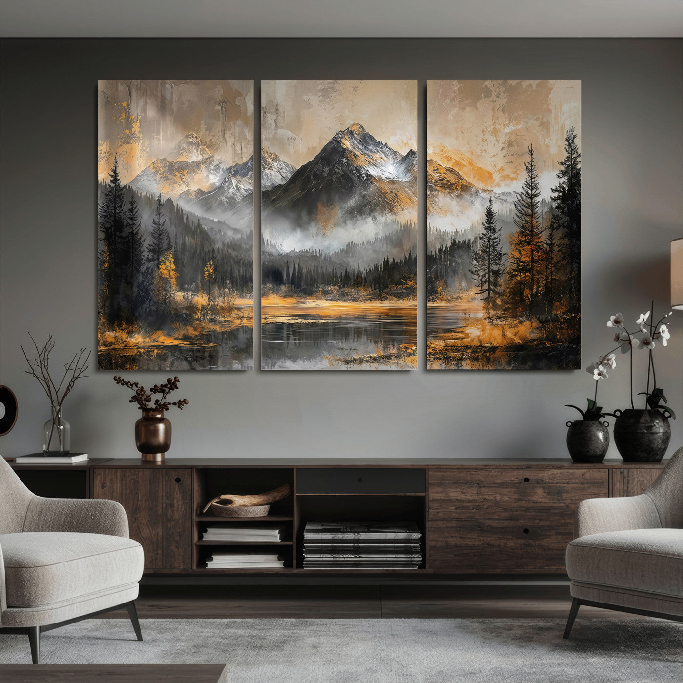 4712069D1-MGV-CV-36X24 - Mountain Lake Canvas Wall Art — Rustic Forest Landscape Print | Gold Grey Nature Decor | Cabin Wall Art | Large Wilderness Art Print Gift