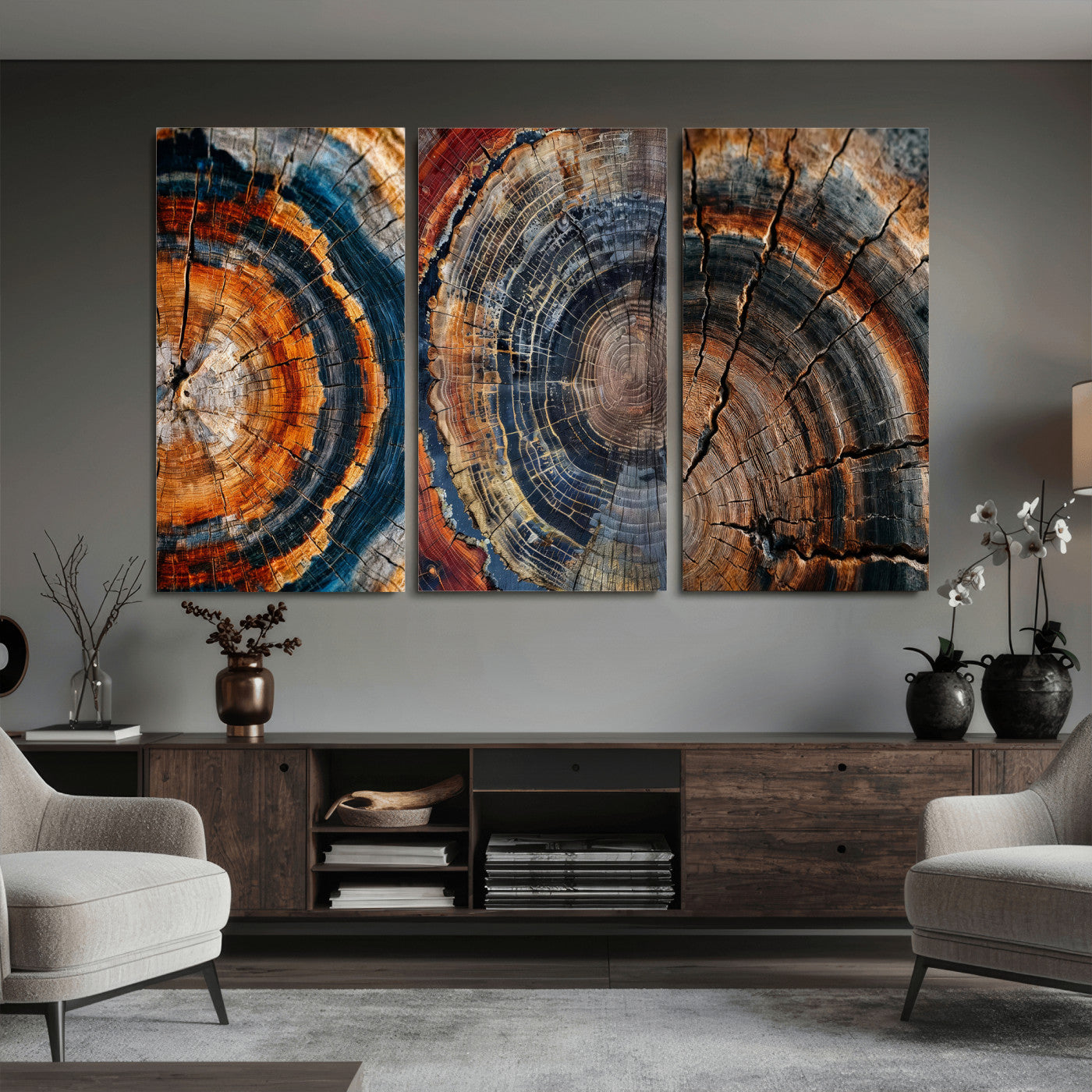 4712069W1-MGV-CV-48X32-3P - Tree Ring Triptych Canvas Wall Art — Set of 3 Wood Grain Print | Rustic Nature Decor | Earth Tone Wall Art | Unique Living Room Art Gift