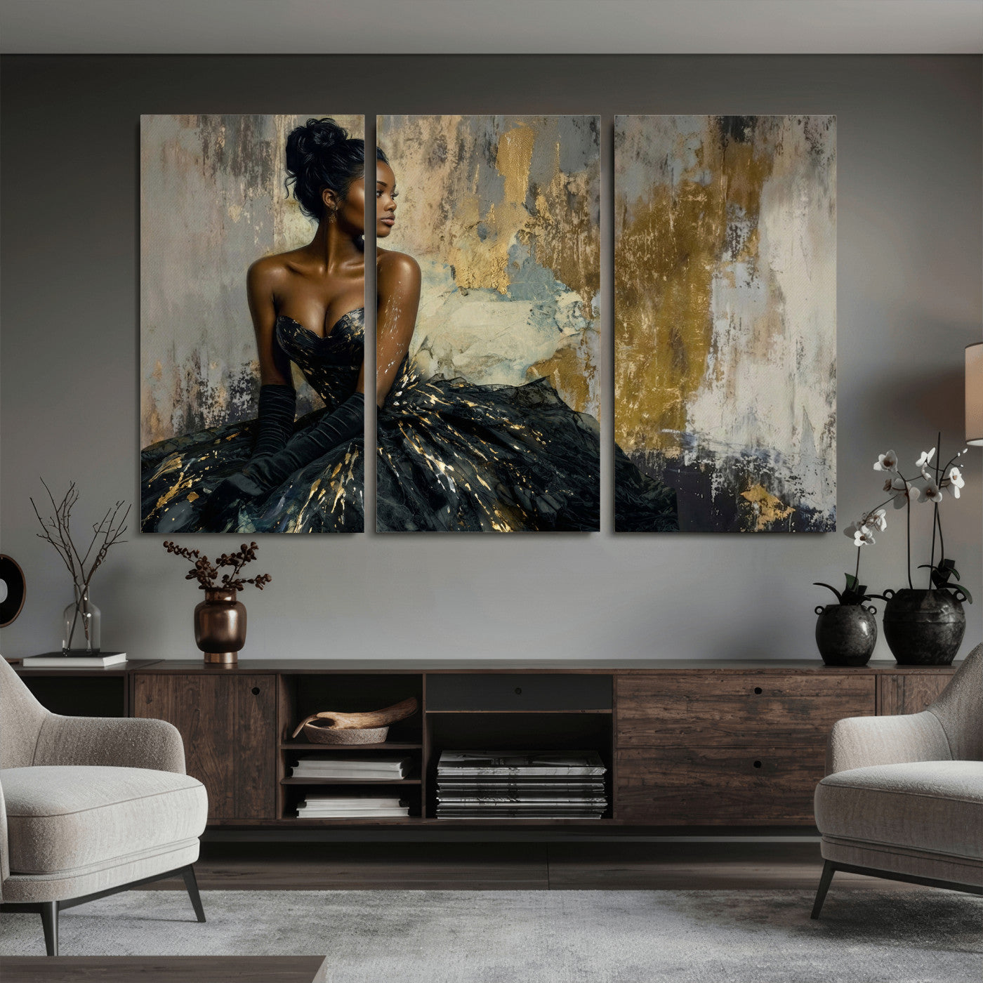 4712069Z1-MGV-CV-36X24 - Elegant Woman Canvas Wall Art — Black Gold Gown Fashion Print | Luxury Glam Wall Decor | African American Art | Bold Bedroom Wall Art Gift