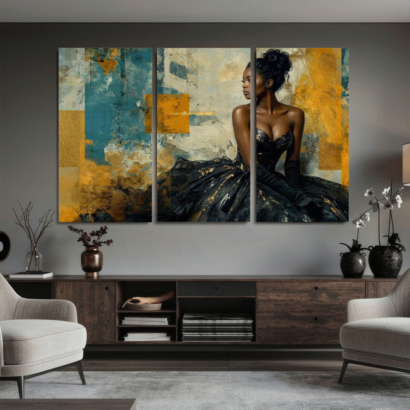 4712069Z21-MGV-CV-36X24 - Elegant Woman Canvas Wall Art — Black Gold Gown Fashion Print | Luxury Glam Wall Decor | African American Art | Bold Bedroom Wall Art Gift