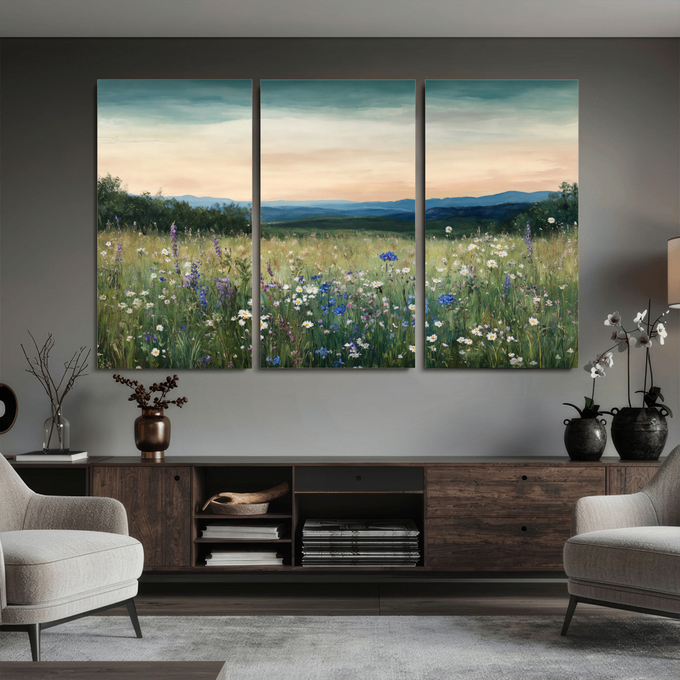 35773805-MGV-CV-36X24 - Wildflower Meadow Oil Painting Canvas Print - Daisy Lavender Mountain Sunset Print | Cottagecore Floral Wall Art - Bedroom Decor Gift for Her