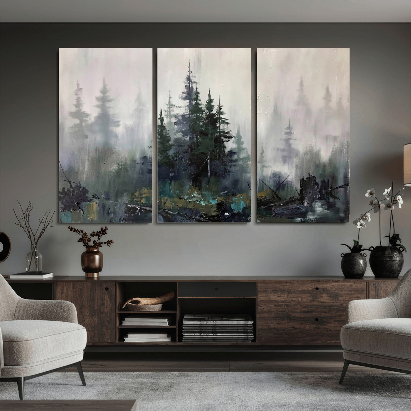 94143325-MGV-CV-36X24 - Misty Pine Forest Oil Painting Canvas — Dark Moody Teal Grey Tree Print | Japandi Scandinavian Wall Art | Minimalist Nature Decor Gift