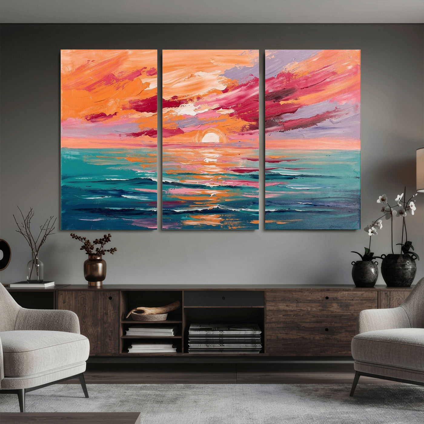 26763902-MGV-CV-36X24 - Bold Palette Knife Ocean Sunset Canvas — Orange Pink Teal Expressionist Sea Print | Colorful Coastal Wall Art | Vibrant Beach Decor Gift