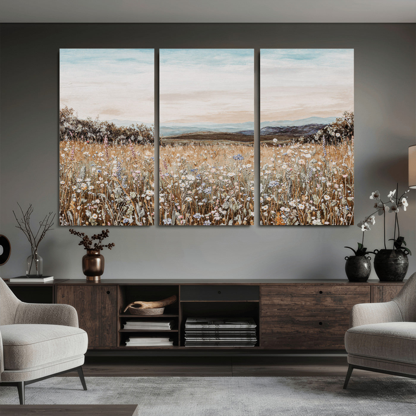 F35773805-MGV-CV-36X24 - Neutral Wildflower Field Canvas Wall Art — Beige Earth Tone Botanical Meadow Print | Farmhouse Boho Decor | Bedroom Living Room Gift Her