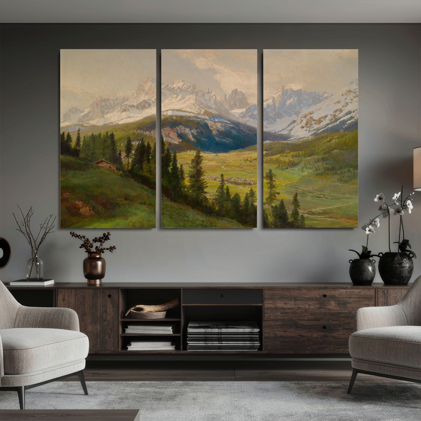 23120262-MGV-CV-36X24 - Konrad Petrides Sexten Village Canvas Print, Alpine Mountain Valley Painting, Dolomites Landscape Art