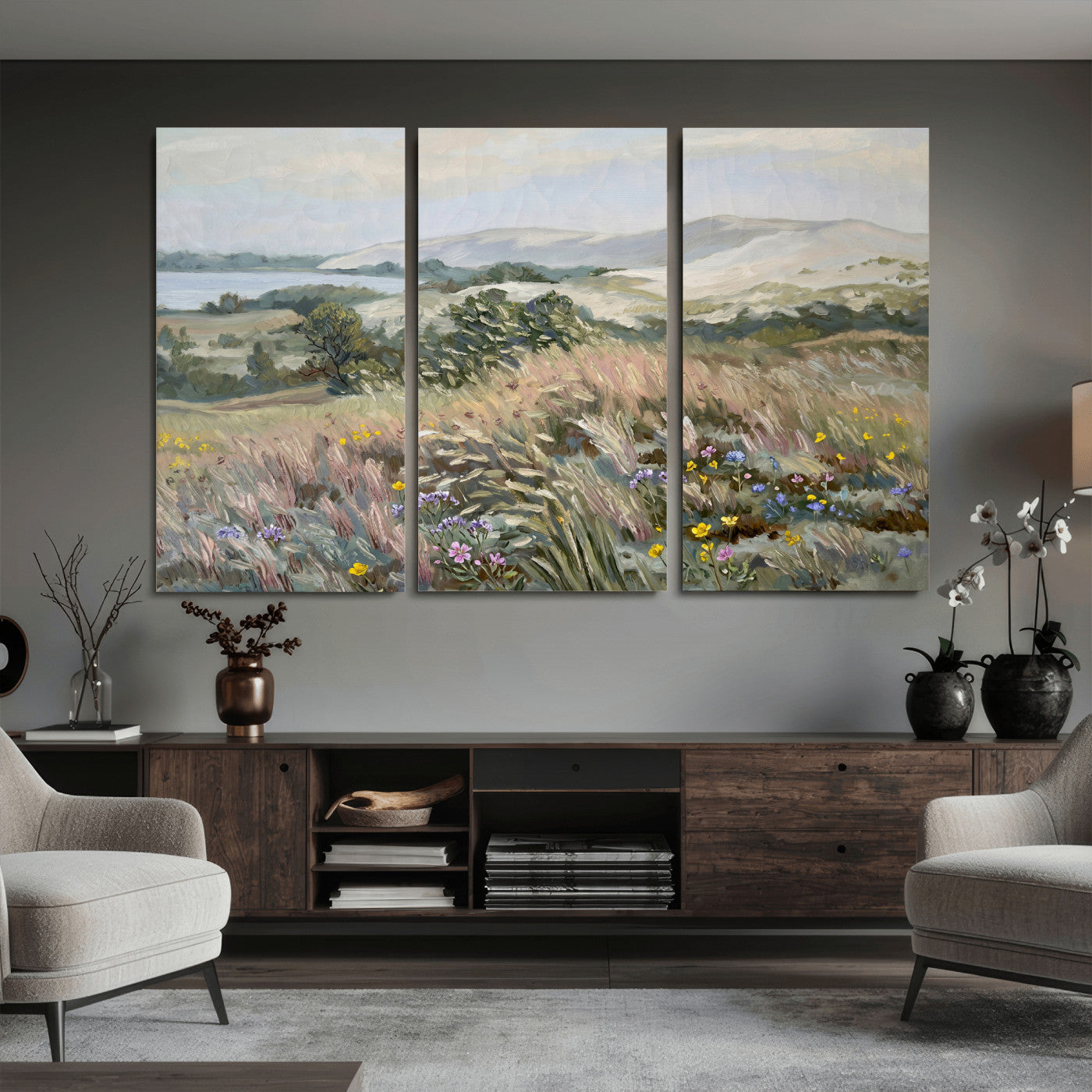 18013232-MGV-CV-36X24 - Katie Staples Hillside Canvas Wall Art — Coastal Wildflower Dune Oil Painting Print | Muted Green Nature Decor | Plein Air Landscape Gift