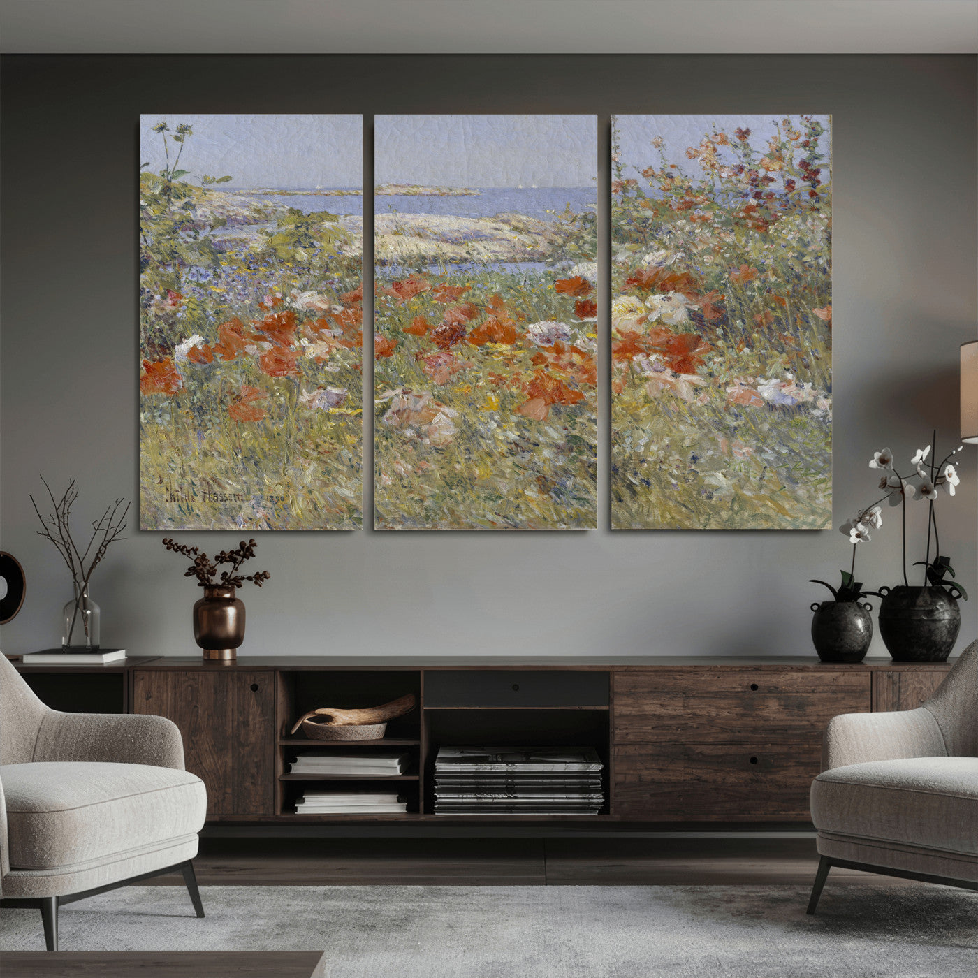 54770907-MGV-CV-36X24 - Childe Hassam Celia Thaxter Garden Canvas — 1890 American Impressionist Poppy Floral Print | Isles of Shoals Coastal Art | Classic Gift