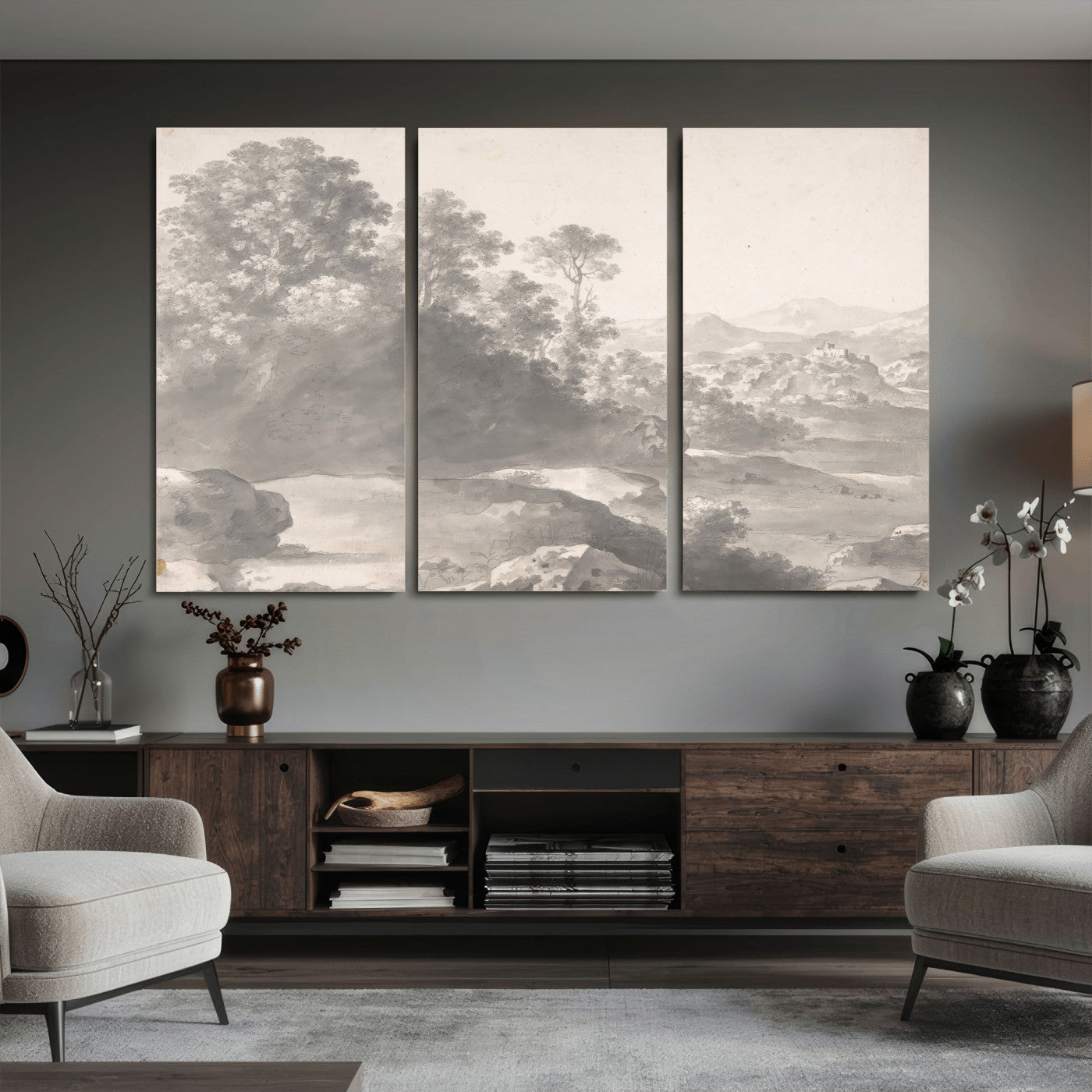 33041209-MGV-CV-36X24 - Van Poelenburch Landscape Canvas Wall Art — Dutch Golden Age Gray Wash Drawing Print | Baroque Italianate Nature Decor | Old Master Classic Gift