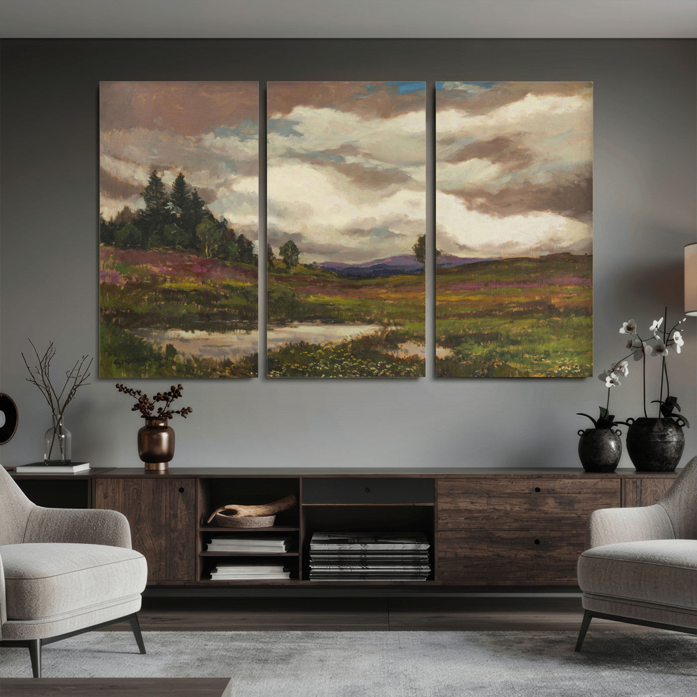 96795851-MGV-CV-36X24 - Gustav Macoun Heathland Canvas Print, Czech Landscape Oil Painting Reproduction, Purple Heather Moorland Art, Vintage European Nature Decor