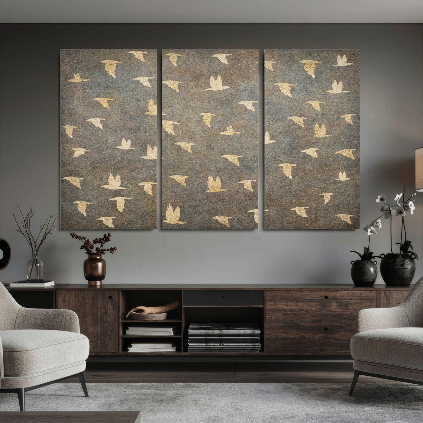 74076164-MGV-CV-36X24 - Flying Birds Canvas Wall Art, Vintage Bird Flock Pattern Print, Grey Gold Abstract Nature Decor, Rustic Bird Silhouette Art, Boho Living Room Decor