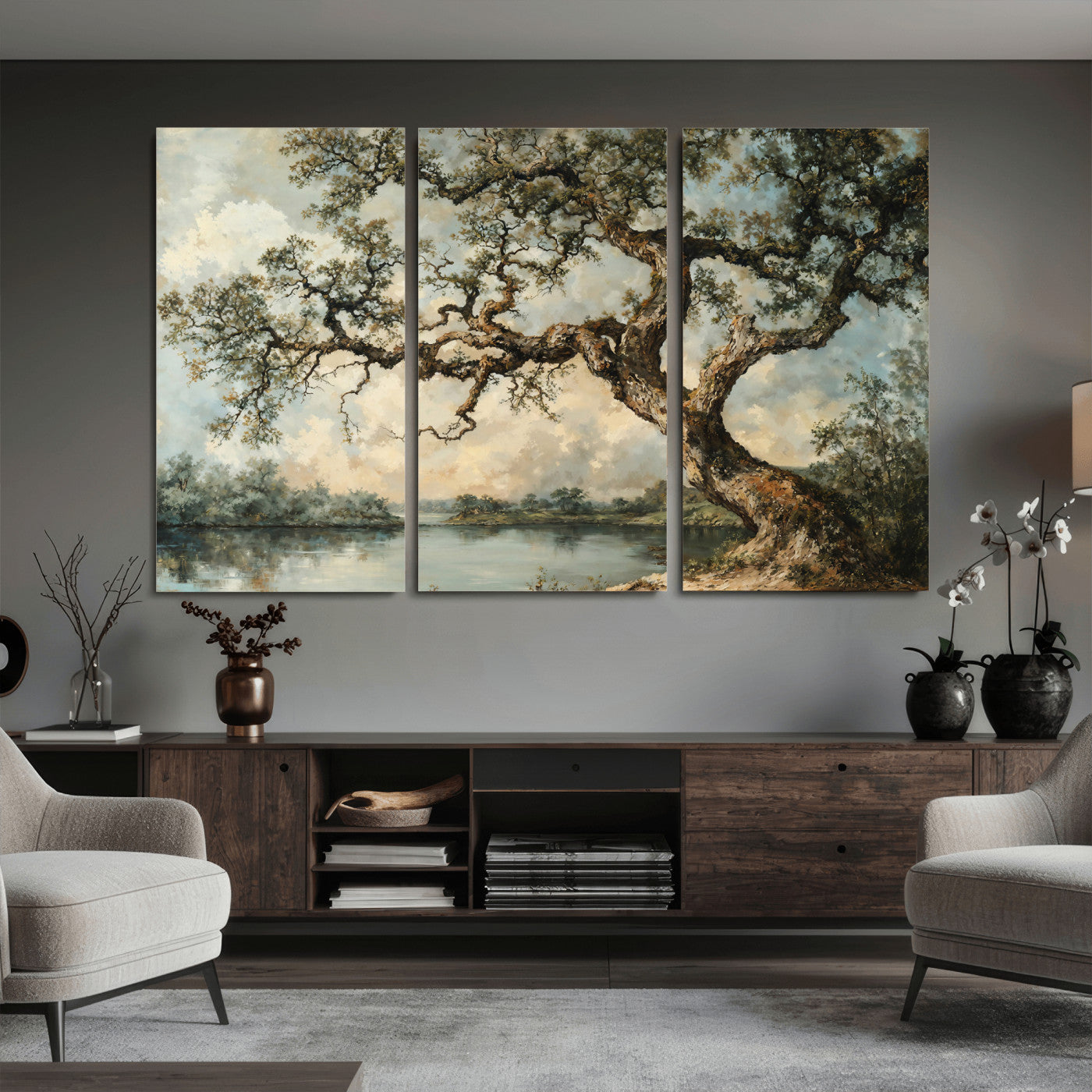63857726-MGV-CV-36X24 - Old Oak Tree Canvas Wall Art, Turner Inspired Romantic Landscape Print, Vintage Nature Painting, Living Room Wall Decor, Antique Style Tree Art