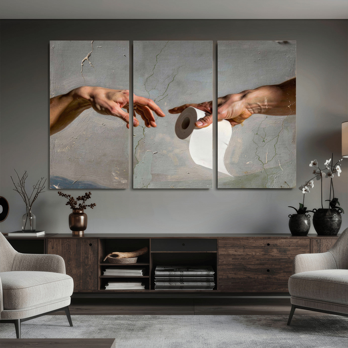 72030048-MGV-CV-36X24 - Funny Bathroom Wall Art Canvas, Creation of Toilet Paper Parody Print, Renaissance Humor Decor, Toilet Room Art, Quirky Housewarming Gift, Classic Art Spoof