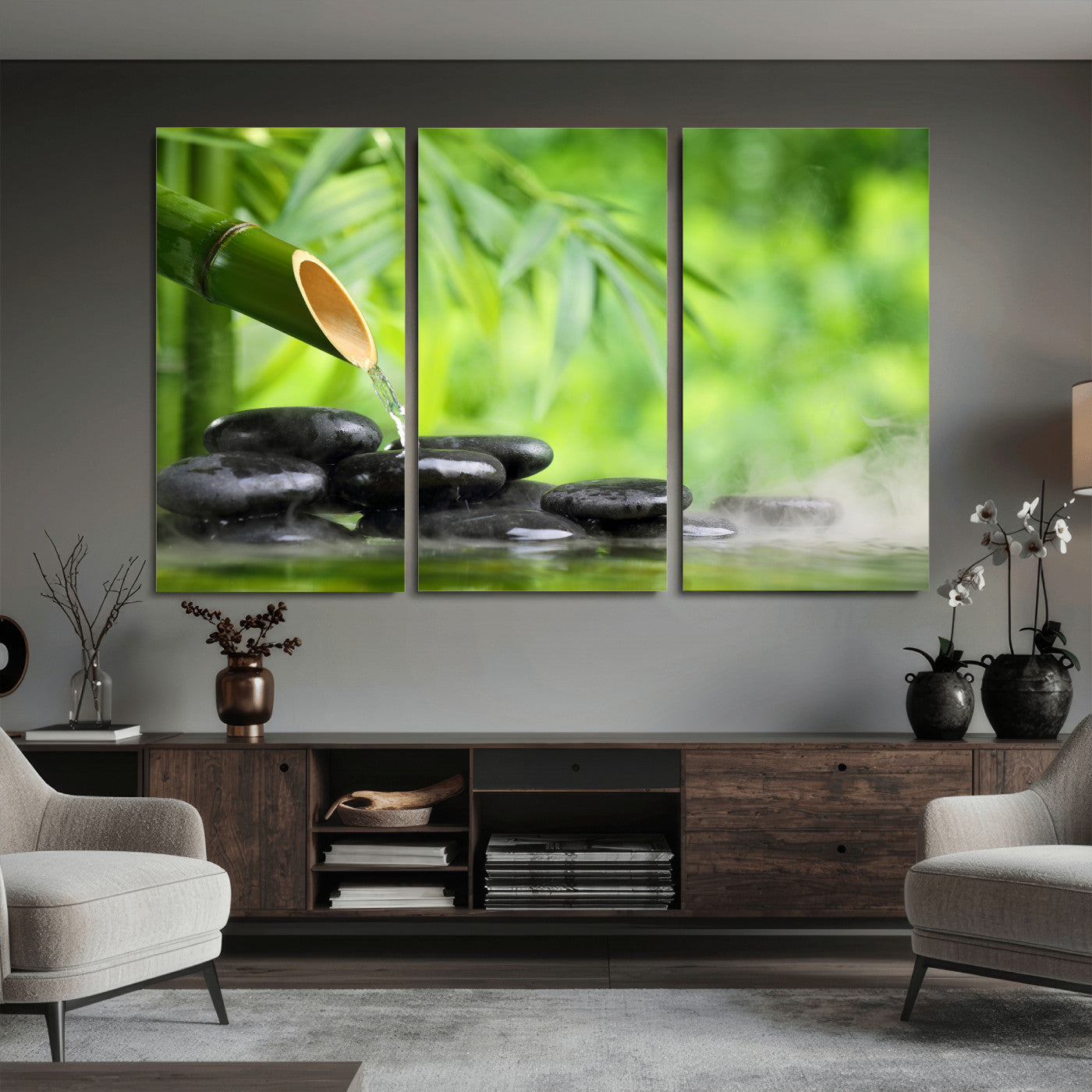 26961320-MGV-CV-36X24 - Bamboo Water Flow Black Stone Canvas | Zen Spa Nature Photography Print | Green Mist Japanese Garden Wall Art | Tranquil Decor