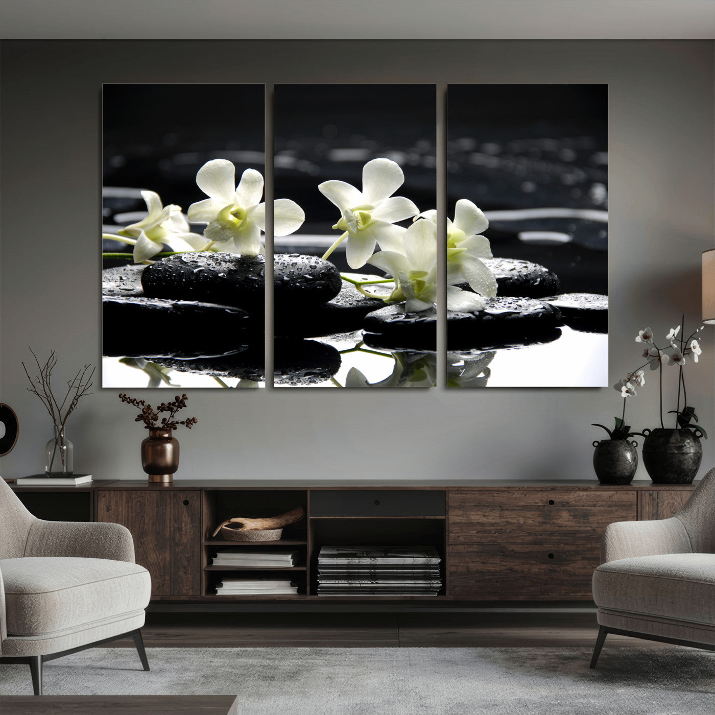 79486206-MGV-CV-36X24 - Plumeria Frangipani Black Stone Canvas | White Flower Spa Photography Print | Tropical Zen Wall Art | Grey Pebble Floral for Meditation Room Decor