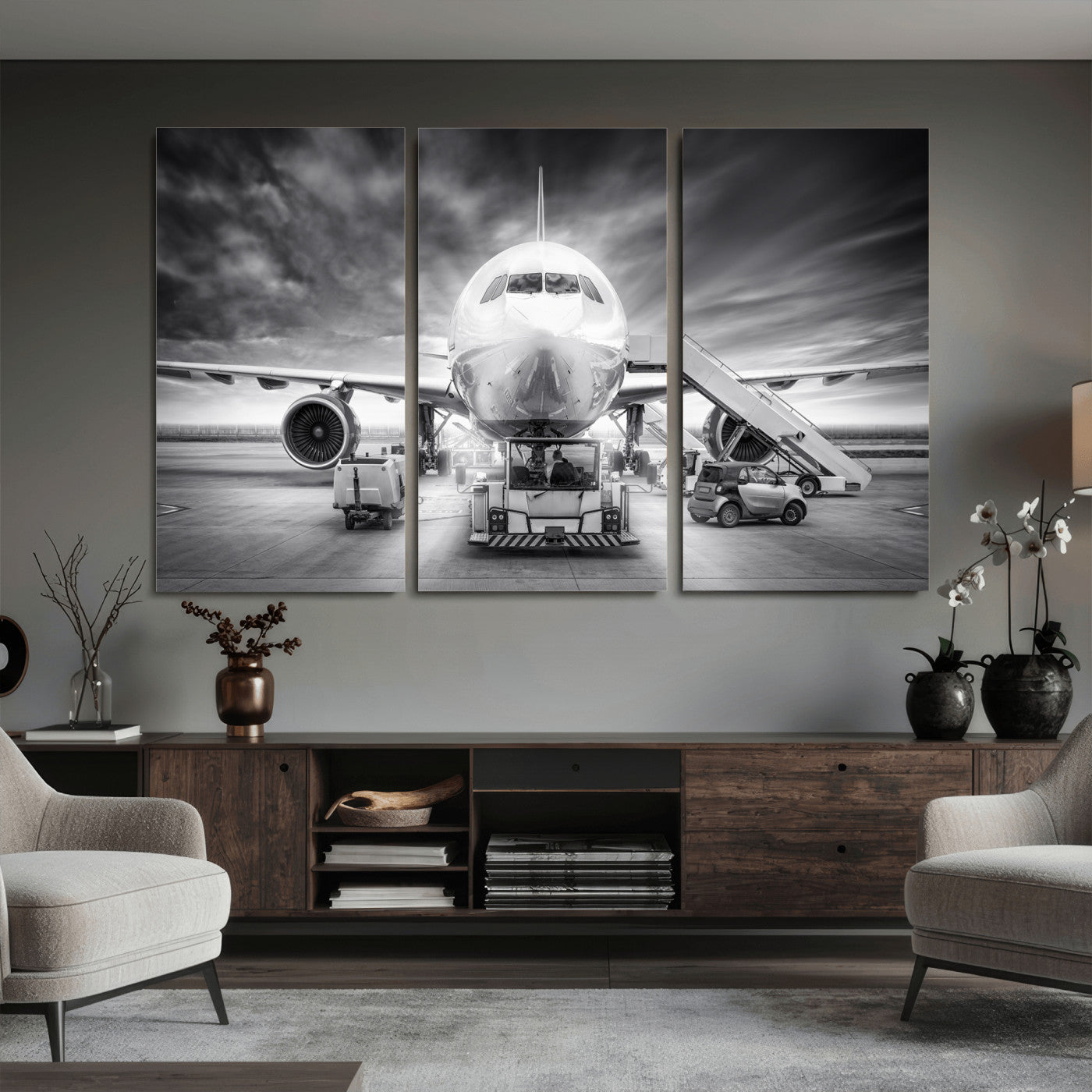 85885848-MGV-CV-36X24 - Airplane Wall Art Canvas Print, Black and White Jet Aircraft Airport Runway Framed Aviation Artwork for Pilot Office Hangar Travel Decor